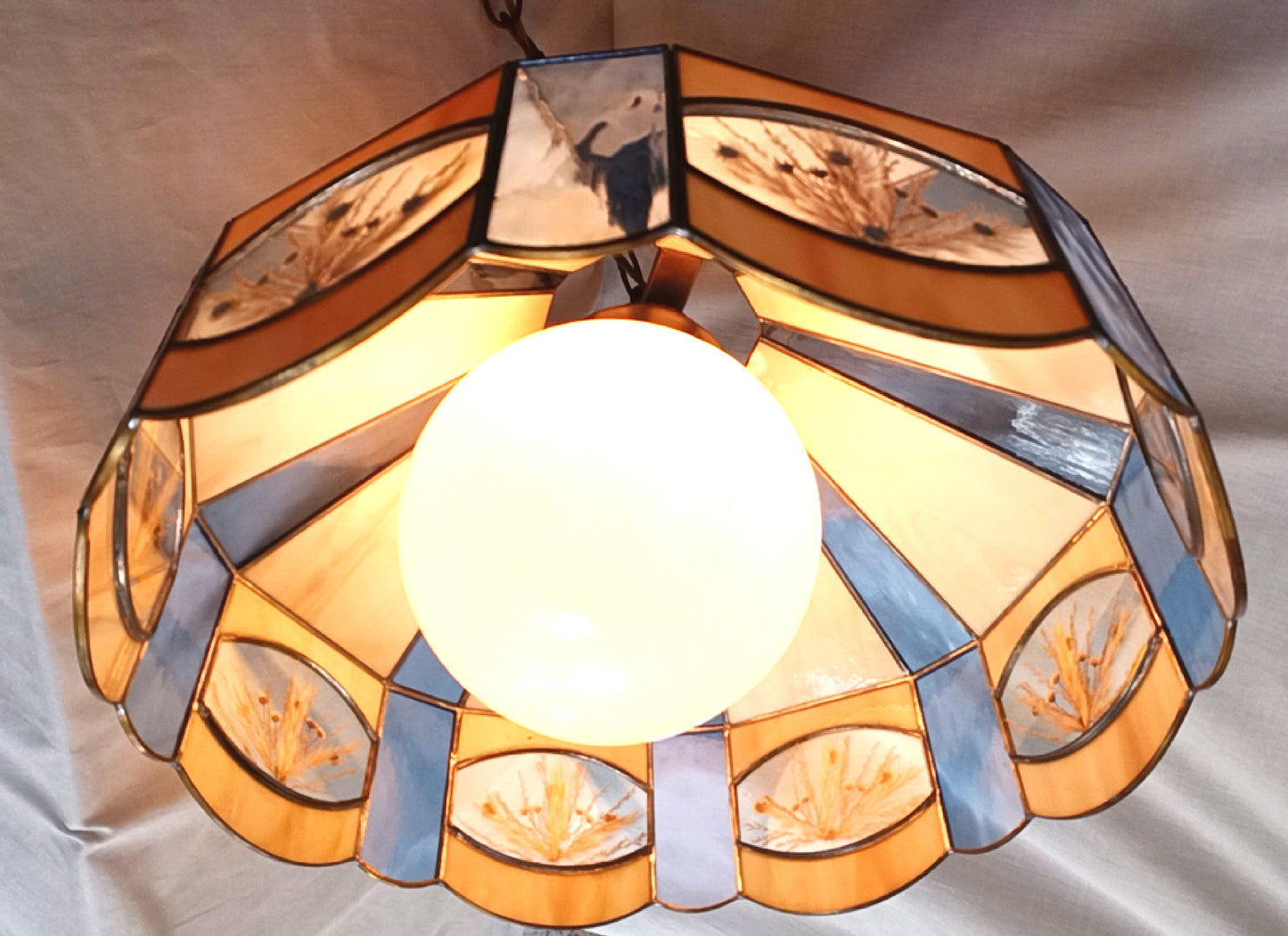 Vintage Large Pendant Hanging Lamp Tiffany Style Ivory Blue Stained-Glass Slag Pressed Flowers Milk Glass Globe Brass Canopy Chain Art Glass