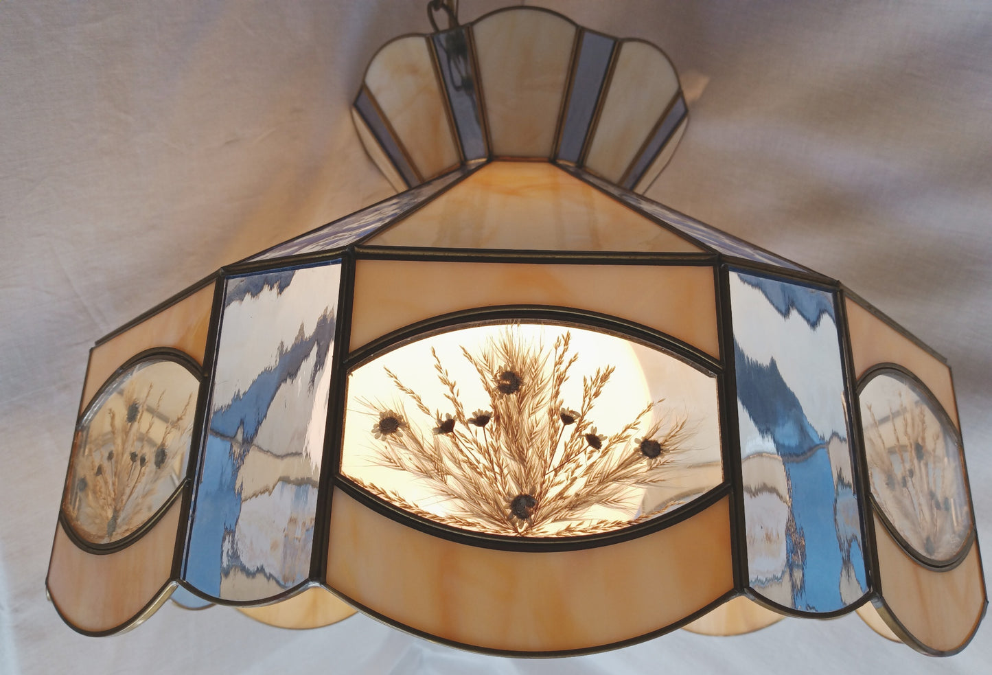 Vintage Large Pendant Hanging Lamp Tiffany Style Ivory Blue Stained-Glass Slag Pressed Flowers Milk Glass Globe Brass Canopy Chain Art Glass