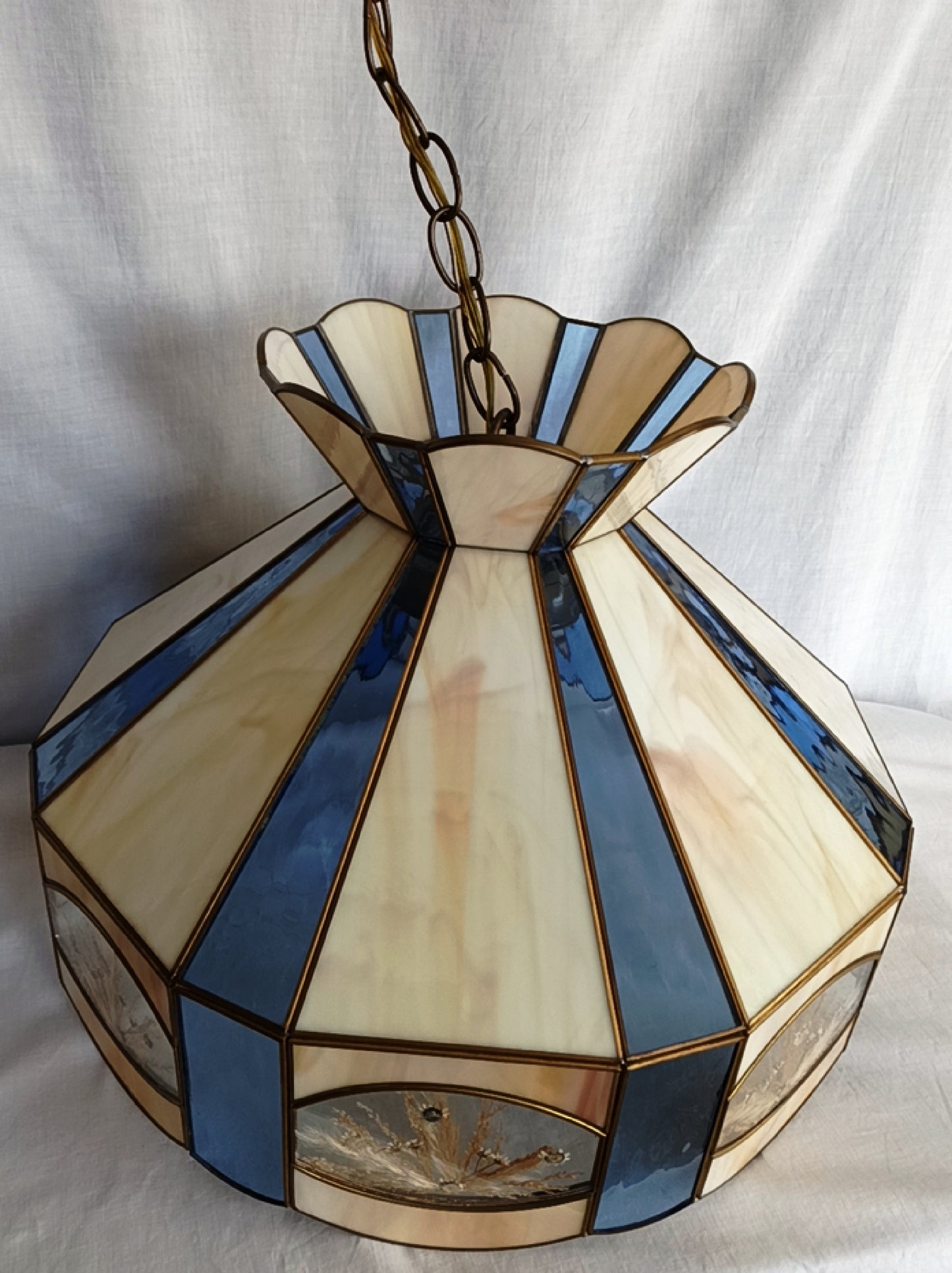 Vintage Large Pendant Hanging Lamp Tiffany Style Ivory Blue Stained-Glass Slag Pressed Flowers Milk Glass Globe Brass Canopy Chain Art Glass