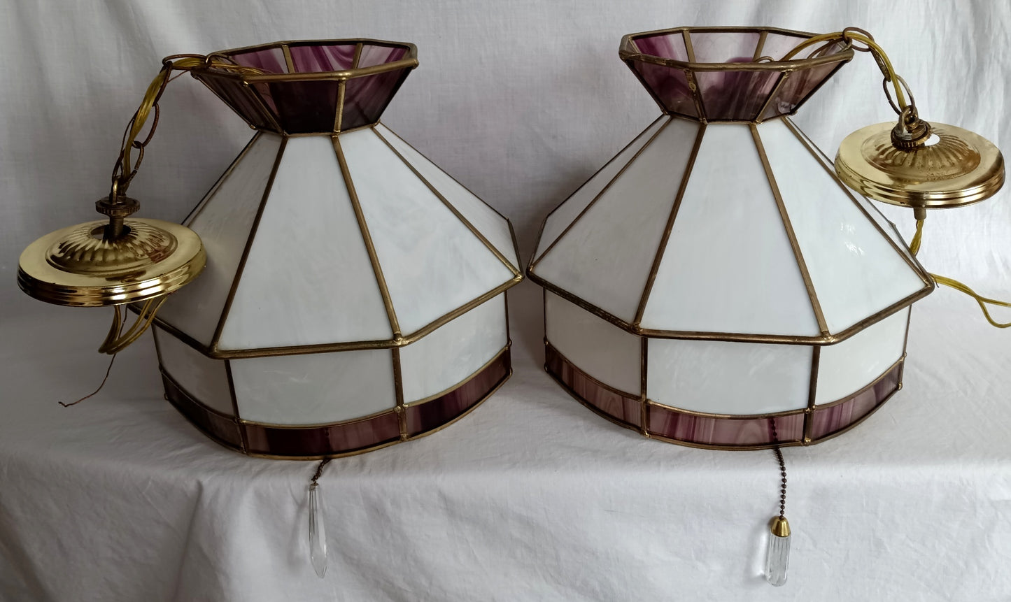 Swag Pendant Hanging Ceiling Fixture Lamp Brass Tiffany Style White Purple Slag Glass Dome One Light Pull Chain Canopy Kitchen Dining Room