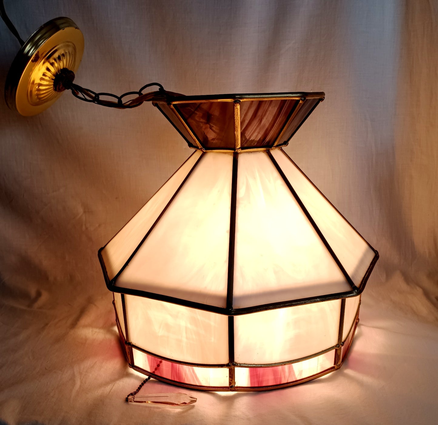 Swag Pendant Hanging Ceiling Fixture Lamp Brass Tiffany Style White Purple Slag Glass Dome One Light Pull Chain Canopy Kitchen Dining Room