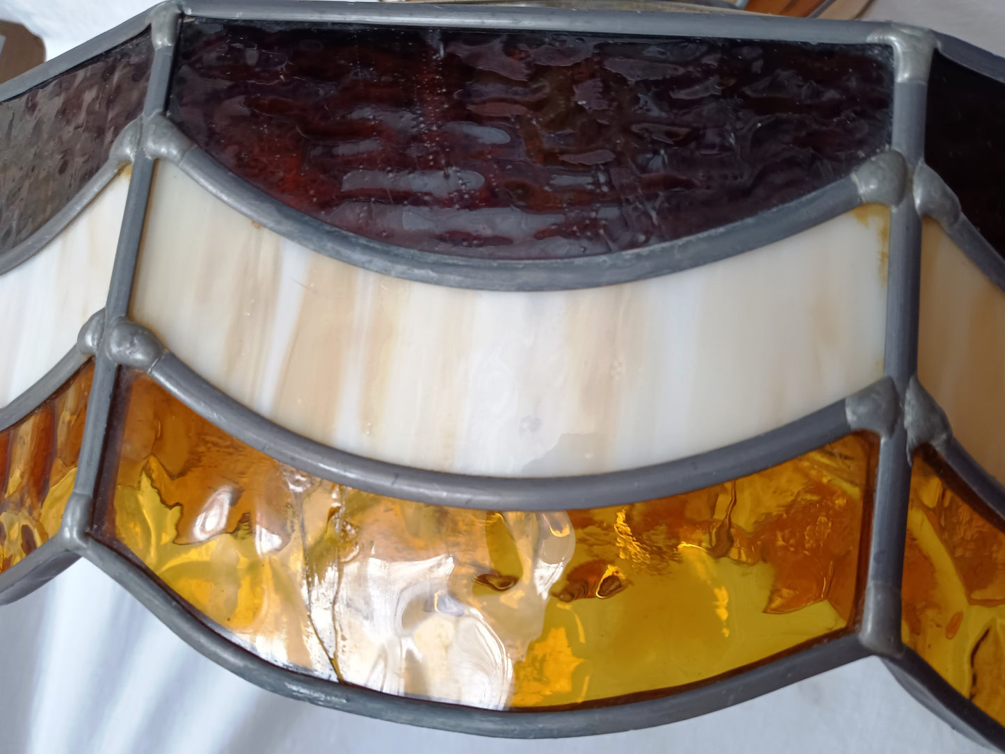 Vintage Handcrafted Large Swag Pendant Hanging Lamp Tiffany Style 4 Lights Brass Lamp Leaded Frame Ivory Amber Textured Slag Chain Canopy