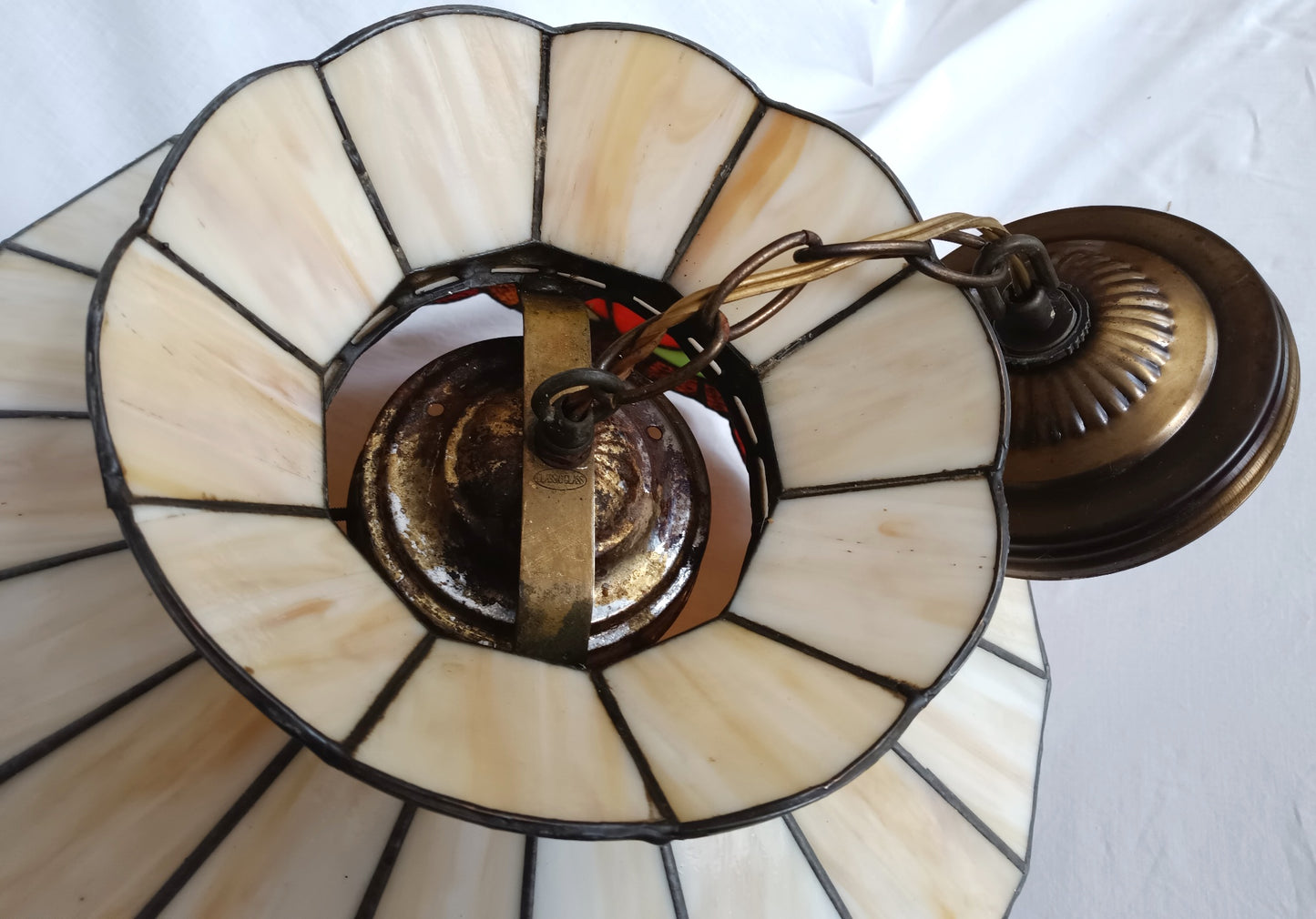 Vintage Swag Pendant Hanging Dome Lamp Tiffany Style Ivory Floral Leaded Textured Stained Glass Slag Milk Glass Globe Canopy Chain Art Glass