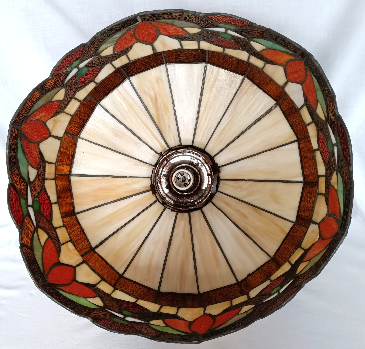 Vintage Swag Pendant Hanging Dome Lamp Tiffany Style Ivory Floral Leaded Textured Stained Glass Slag Milk Glass Globe Canopy Chain Art Glass