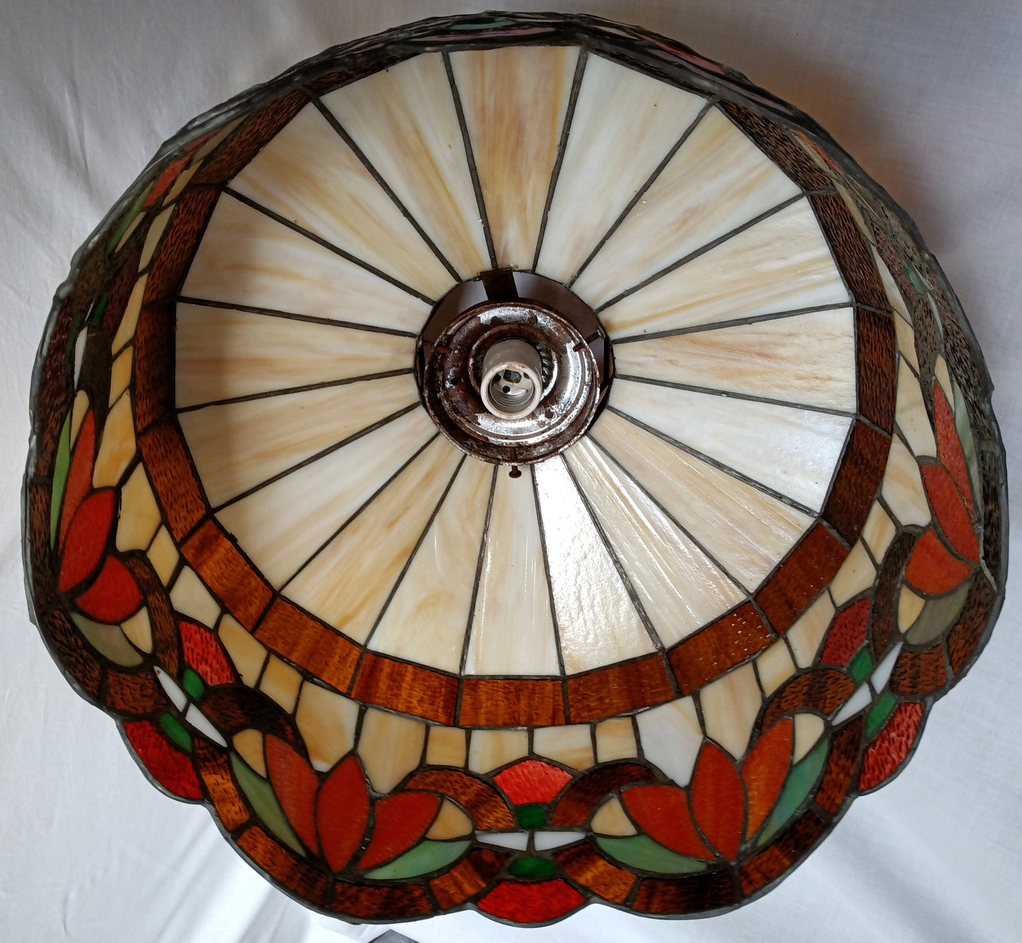 Vintage Swag Pendant Hanging Dome Lamp Tiffany Style Ivory Floral Leaded Textured Stained Glass Slag Milk Glass Globe Canopy Chain Art Glass