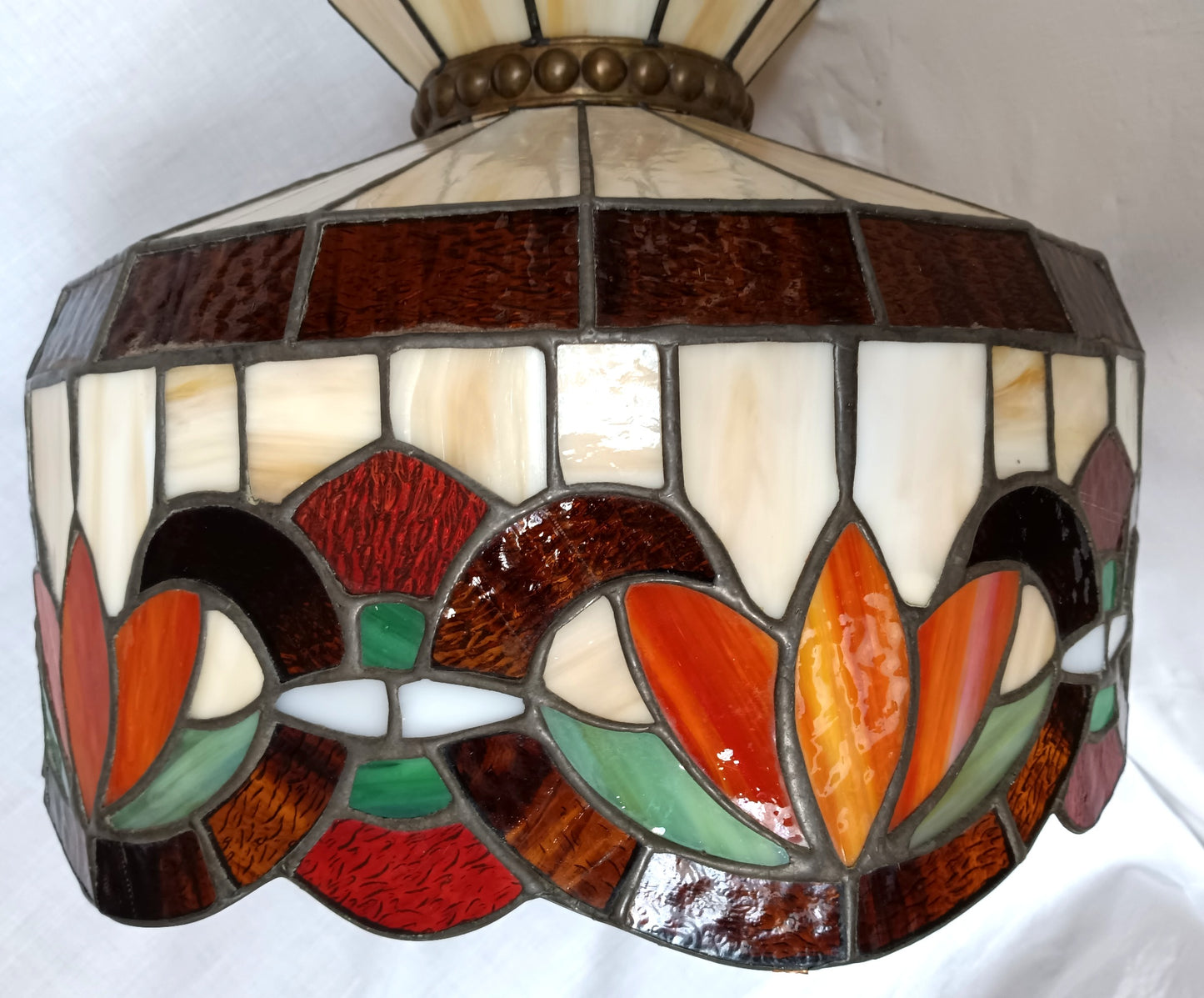 Vintage Swag Pendant Hanging Dome Lamp Tiffany Style Ivory Floral Leaded Textured Stained Glass Slag Milk Glass Globe Canopy Chain Art Glass