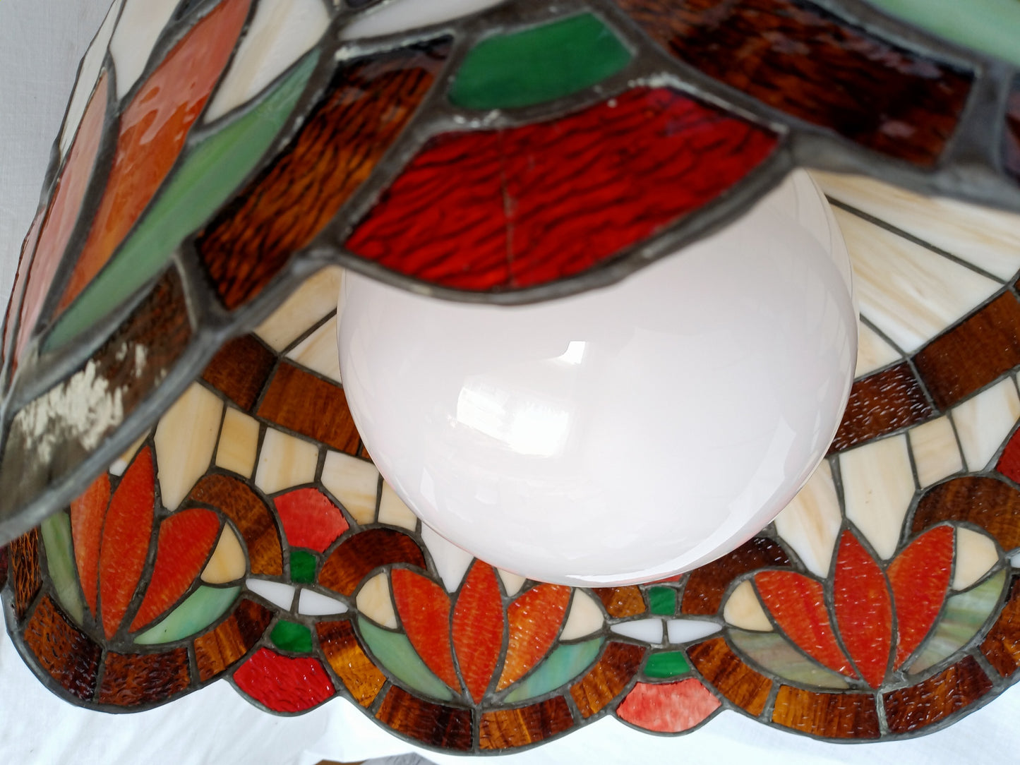 Vintage Swag Pendant Hanging Dome Lamp Tiffany Style Ivory Floral Leaded Textured Stained Glass Slag Milk Glass Globe Canopy Chain Art Glass