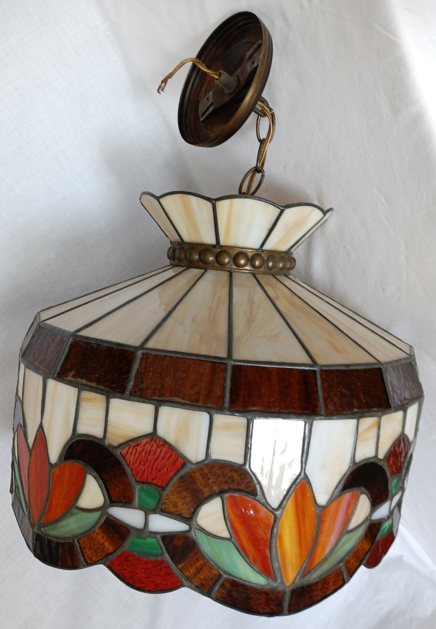 Vintage Swag Pendant Hanging Dome Lamp Tiffany Style Ivory Floral Leaded Textured Stained Glass Slag Milk Glass Globe Canopy Chain Art Glass