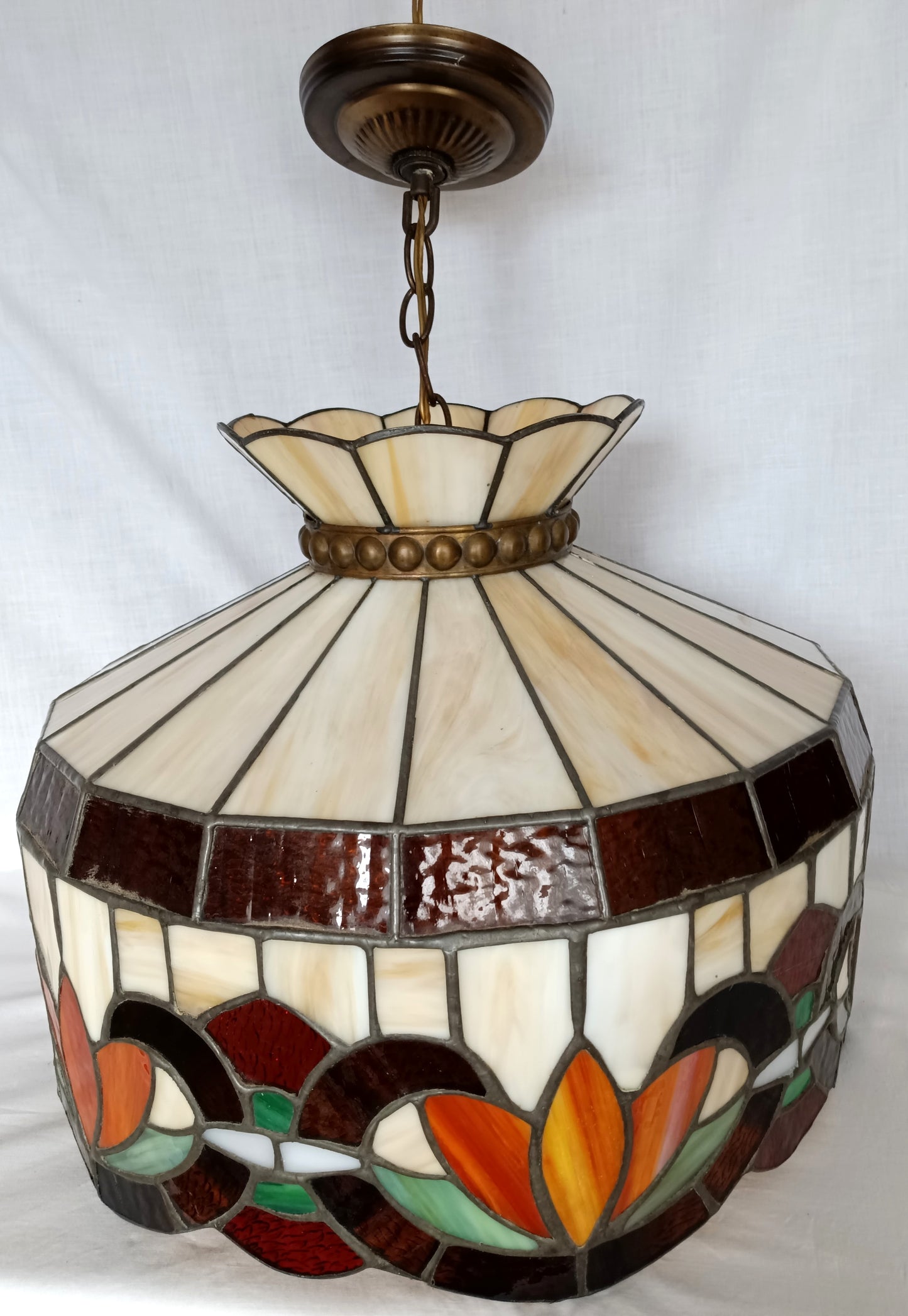 Vintage Swag Pendant Hanging Dome Lamp Tiffany Style Ivory Floral Leaded Textured Stained Glass Slag Milk Glass Globe Canopy Chain Art Glass