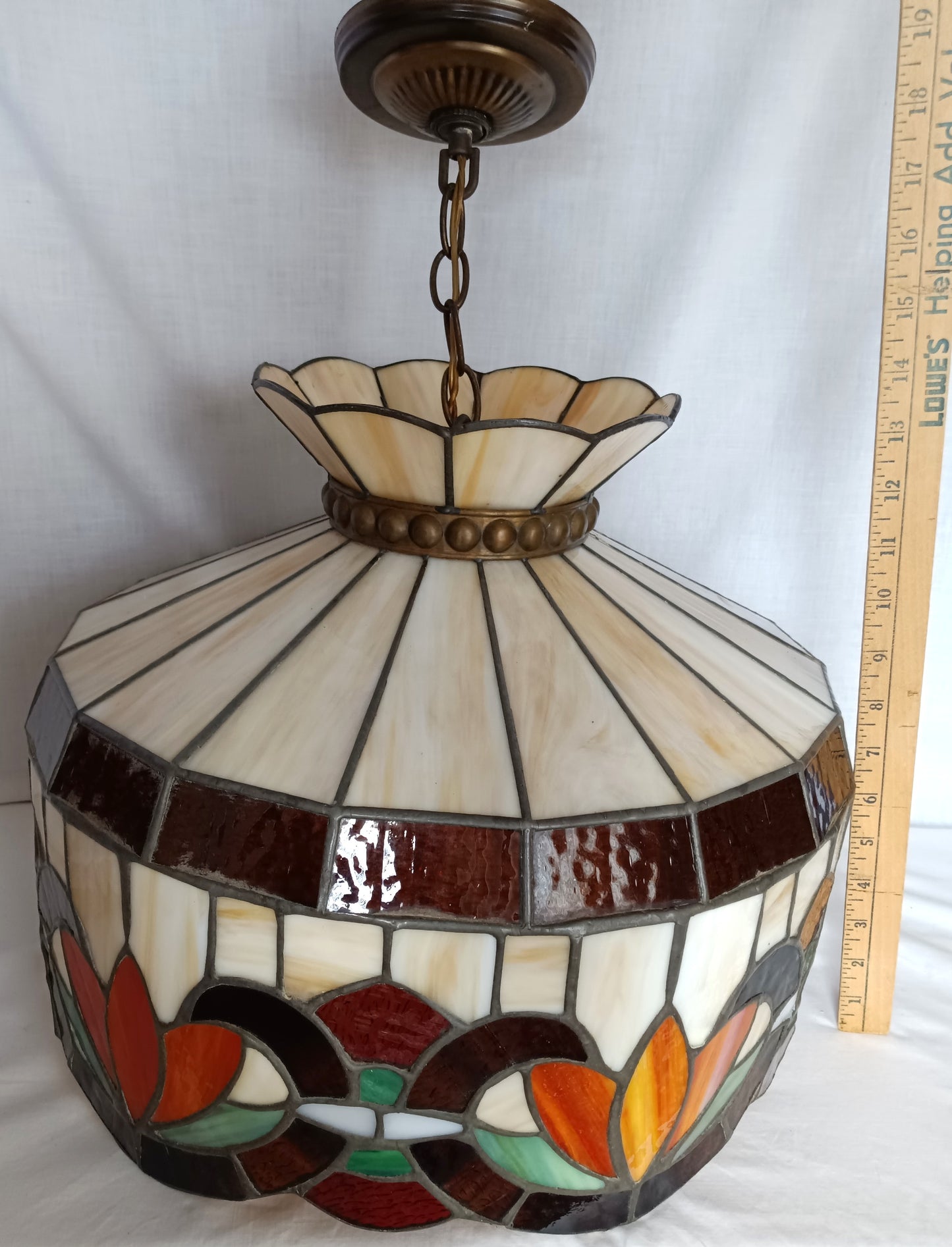 Vintage Swag Pendant Hanging Dome Lamp Tiffany Style Ivory Floral Leaded Textured Stained Glass Slag Milk Glass Globe Canopy Chain Art Glass