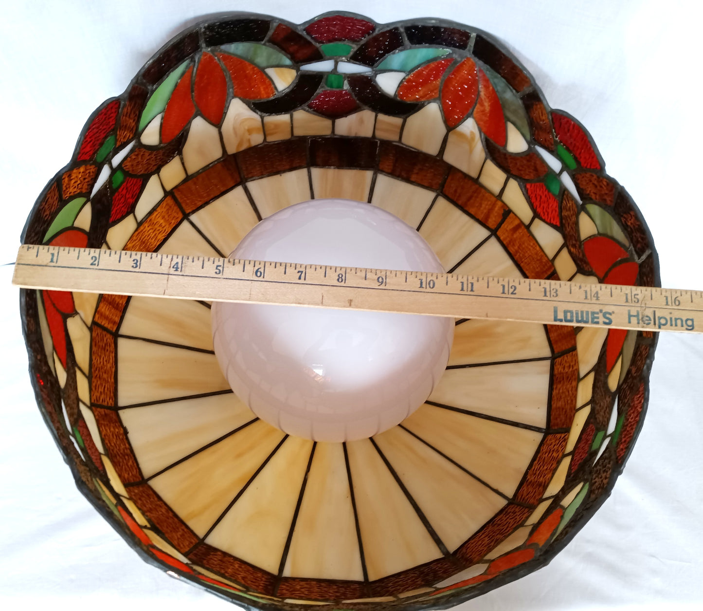 Vintage Swag Pendant Hanging Dome Lamp Tiffany Style Ivory Floral Leaded Textured Stained Glass Slag Milk Glass Globe Canopy Chain Art Glass