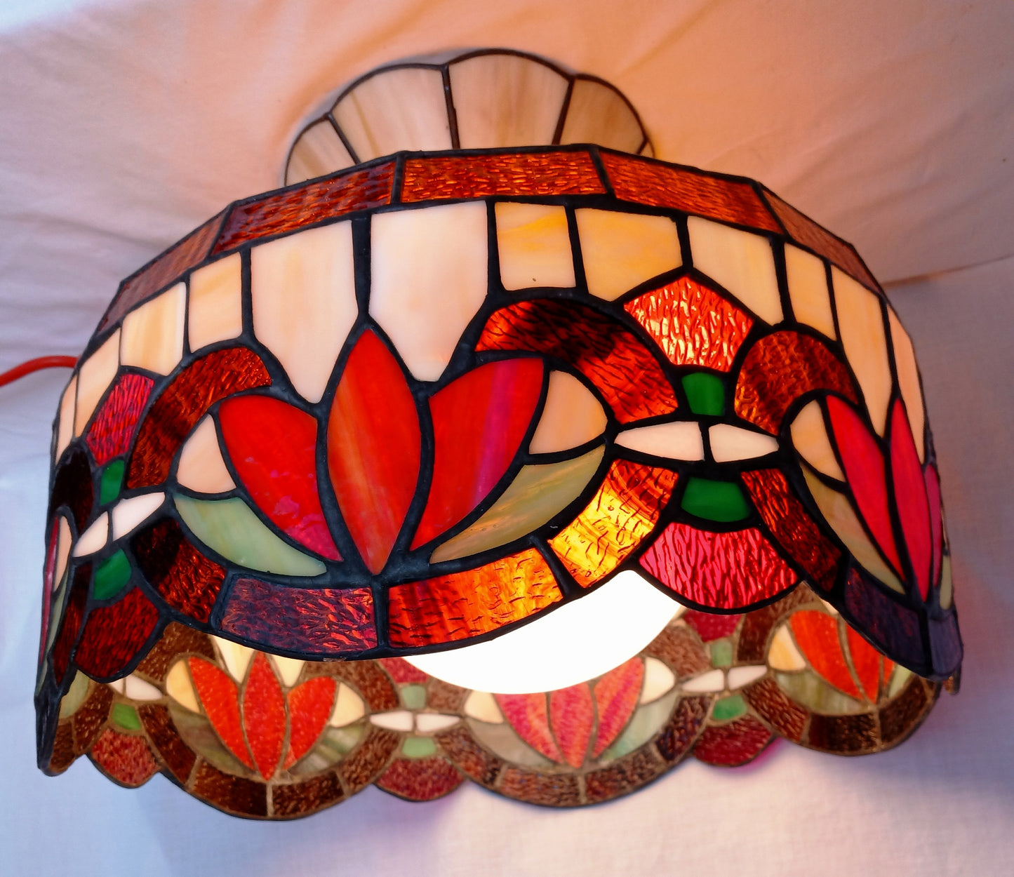 Vintage Swag Pendant Hanging Dome Lamp Tiffany Style Ivory Floral Leaded Textured Stained Glass Slag Milk Glass Globe Canopy Chain Art Glass