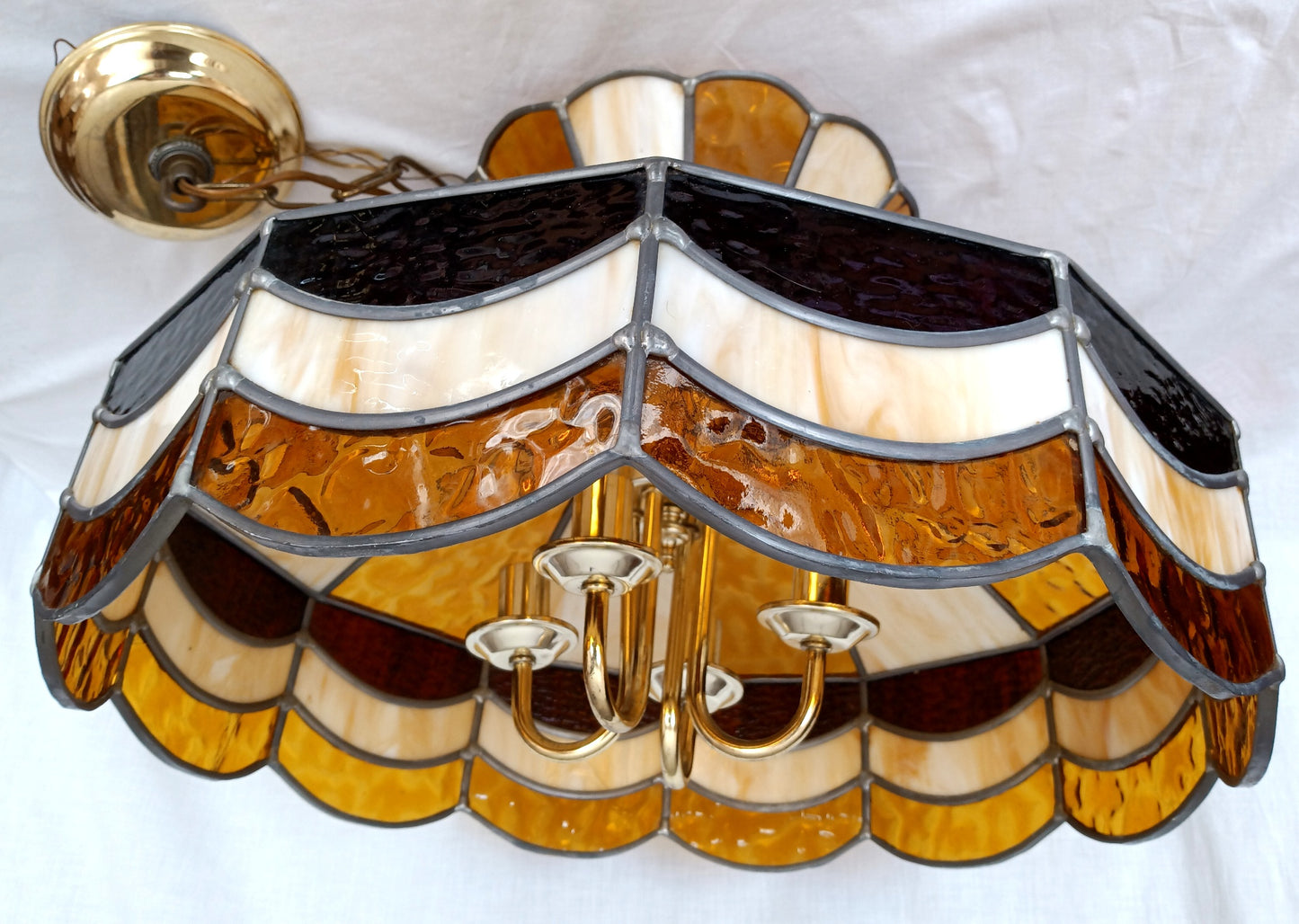 Vintage Handcrafted Large Swag Pendant Hanging Lamp Tiffany Style 4 Lights Brass Lamp Leaded Frame Ivory Amber Textured Slag Chain Canopy