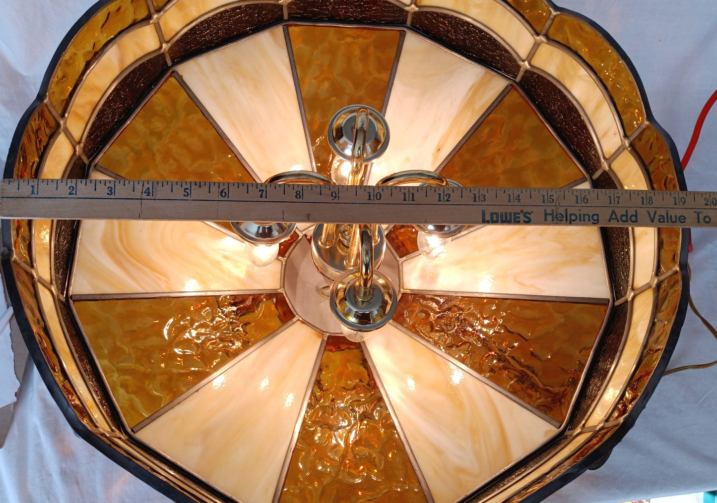 Vintage Handcrafted Large Swag Pendant Hanging Lamp Tiffany Style 4 Lights Brass Lamp Leaded Frame Ivory Amber Textured Slag Chain Canopy