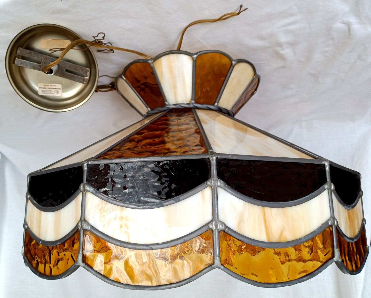 Vintage Handcrafted Large Swag Pendant Hanging Lamp Tiffany Style 4 Lights Brass Lamp Leaded Frame Ivory Amber Textured Slag Chain Canopy