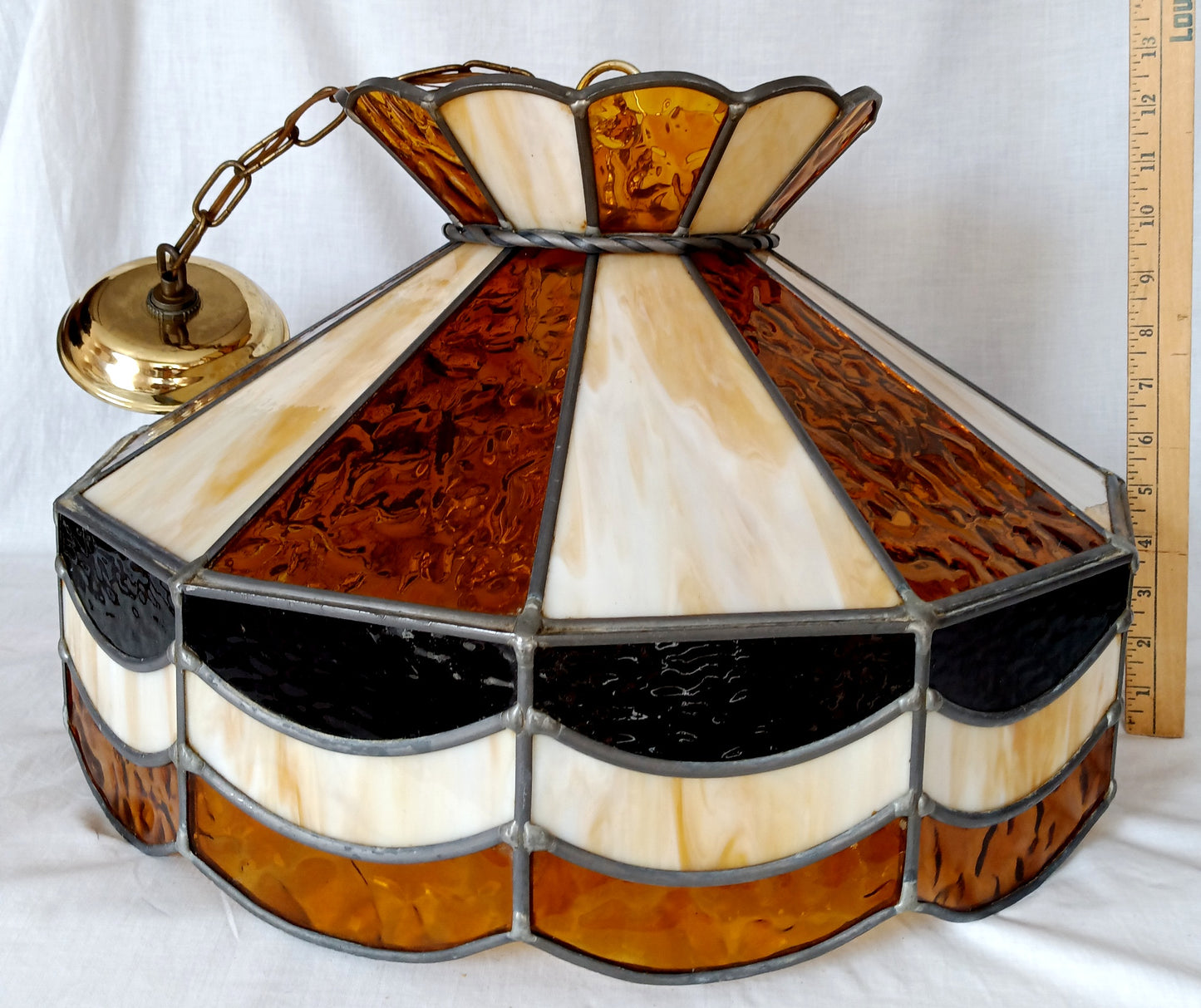 Vintage Handcrafted Large Swag Pendant Hanging Lamp Tiffany Style 4 Lights Brass Lamp Leaded Frame Ivory Amber Textured Slag Chain Canopy