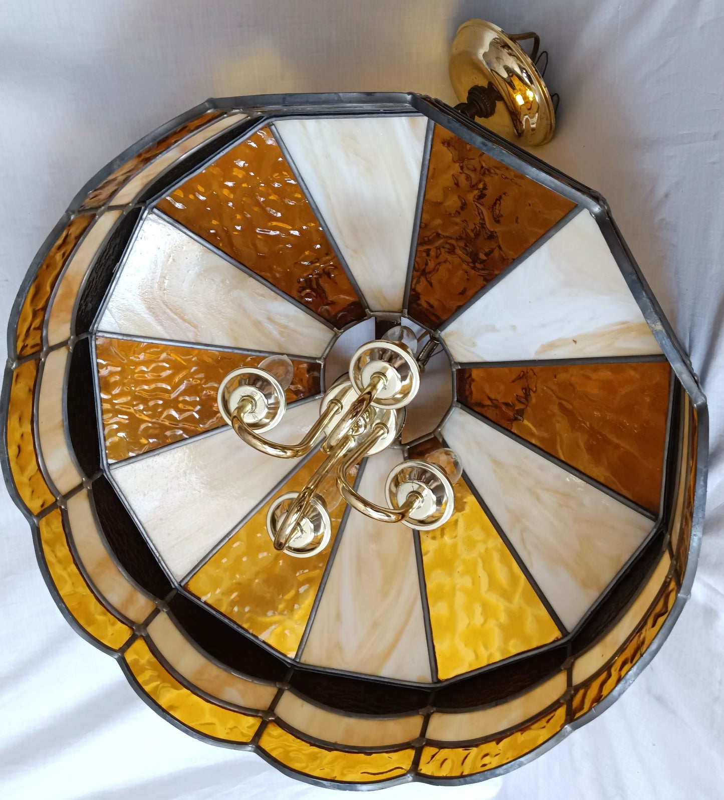 Vintage Handcrafted Large Swag Pendant Hanging Lamp Tiffany Style 4 Lights Brass Lamp Leaded Frame Ivory Amber Textured Slag Chain Canopy