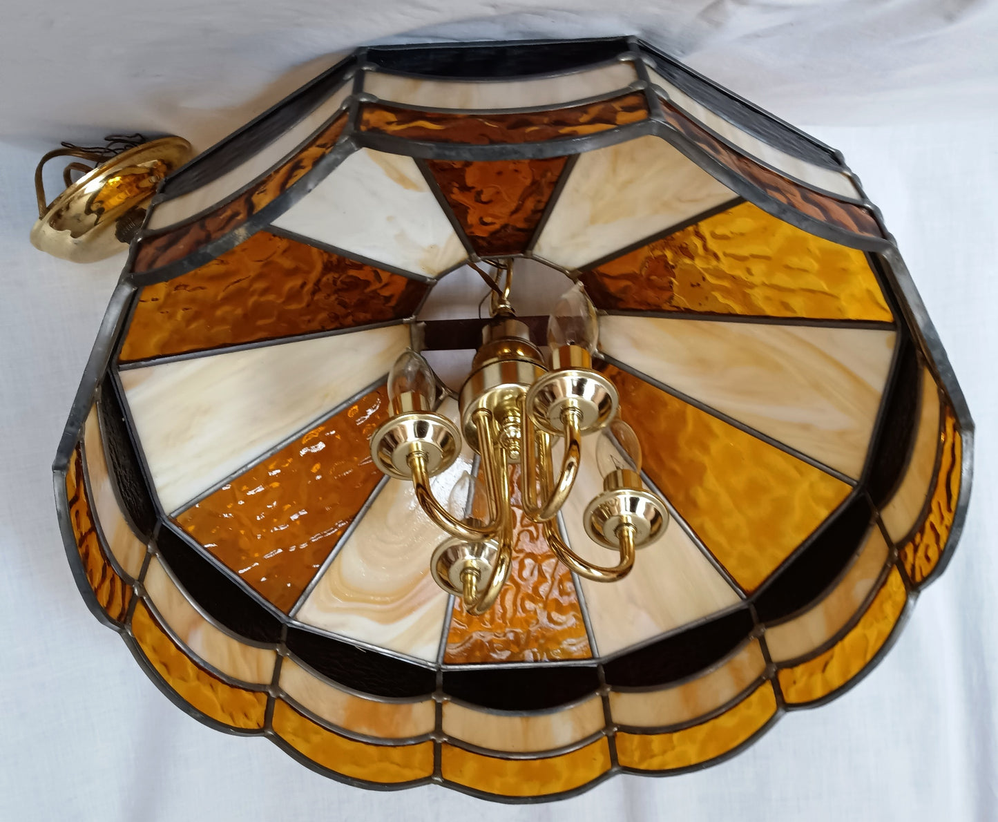 Vintage Handcrafted Large Swag Pendant Hanging Lamp Tiffany Style 4 Lights Brass Lamp Leaded Frame Ivory Amber Textured Slag Chain Canopy