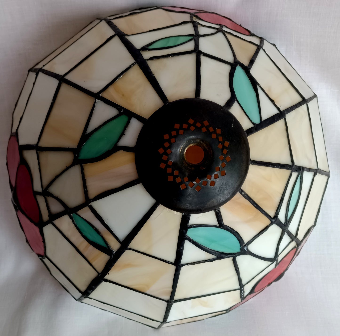 Vintage Handcrafted Tiffany Style Leaded Stained Slag Glass Ivory Red Flower Design Dome Replacement Lampshade Table Lamp Pendant Shade 11.5 "D