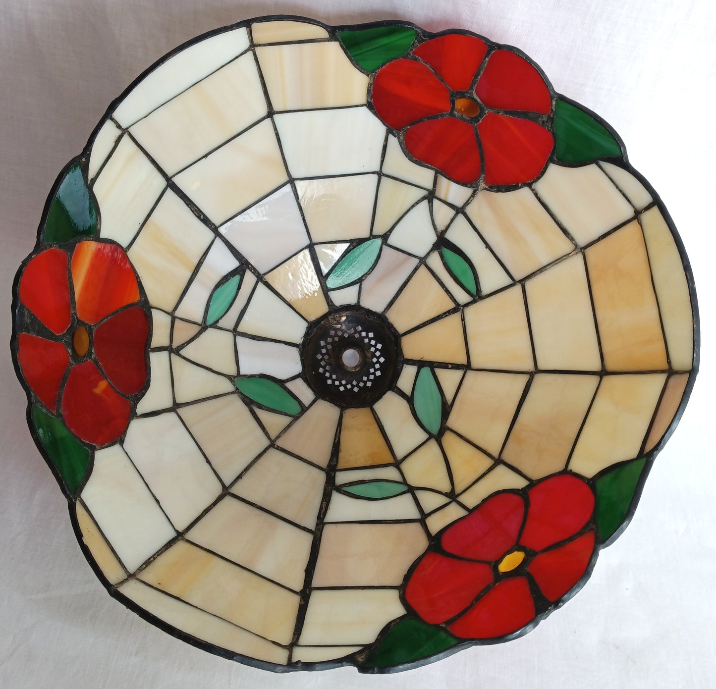 Vintage Handcrafted Tiffany Style Leaded Stained Slag Glass Ivory Red Flower Design Dome Replacement Lampshade Table Lamp Pendant Shade 11.5 "D