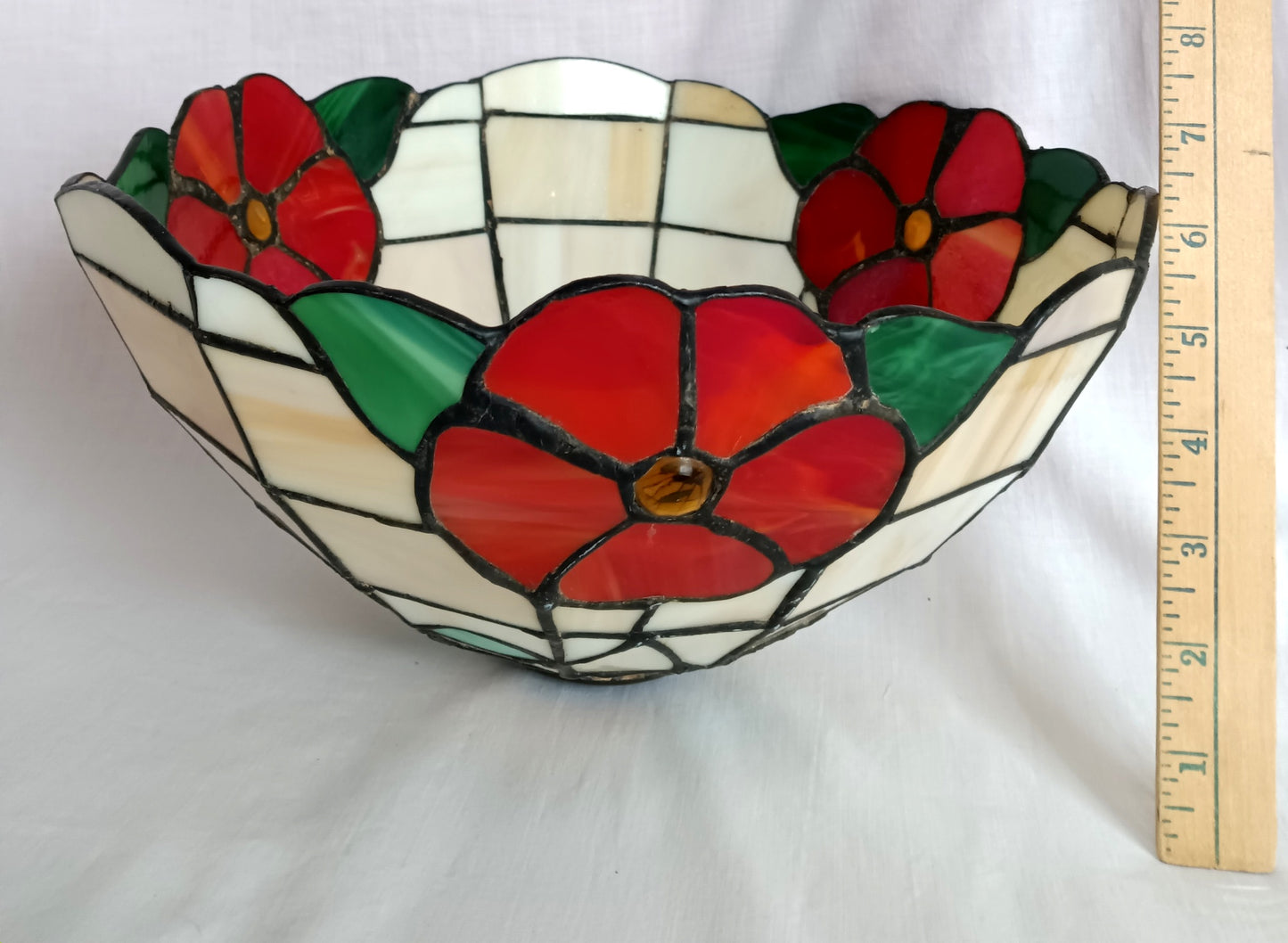 Vintage Handcrafted Tiffany Style Leaded Stained Slag Glass Ivory Red Flower Design Dome Replacement Lampshade Table Lamp Pendant Shade 11.5 "D