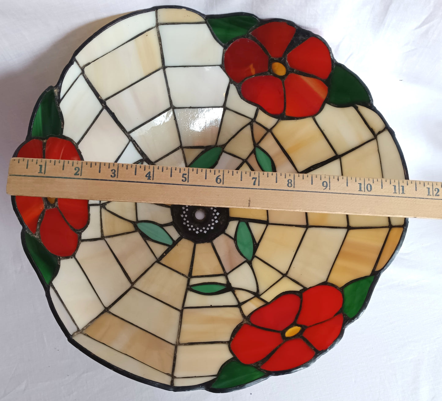 Vintage Handcrafted Tiffany Style Leaded Stained Slag Glass Ivory Red Flower Design Dome Replacement Lampshade Table Lamp Pendant Shade 11.5 "D