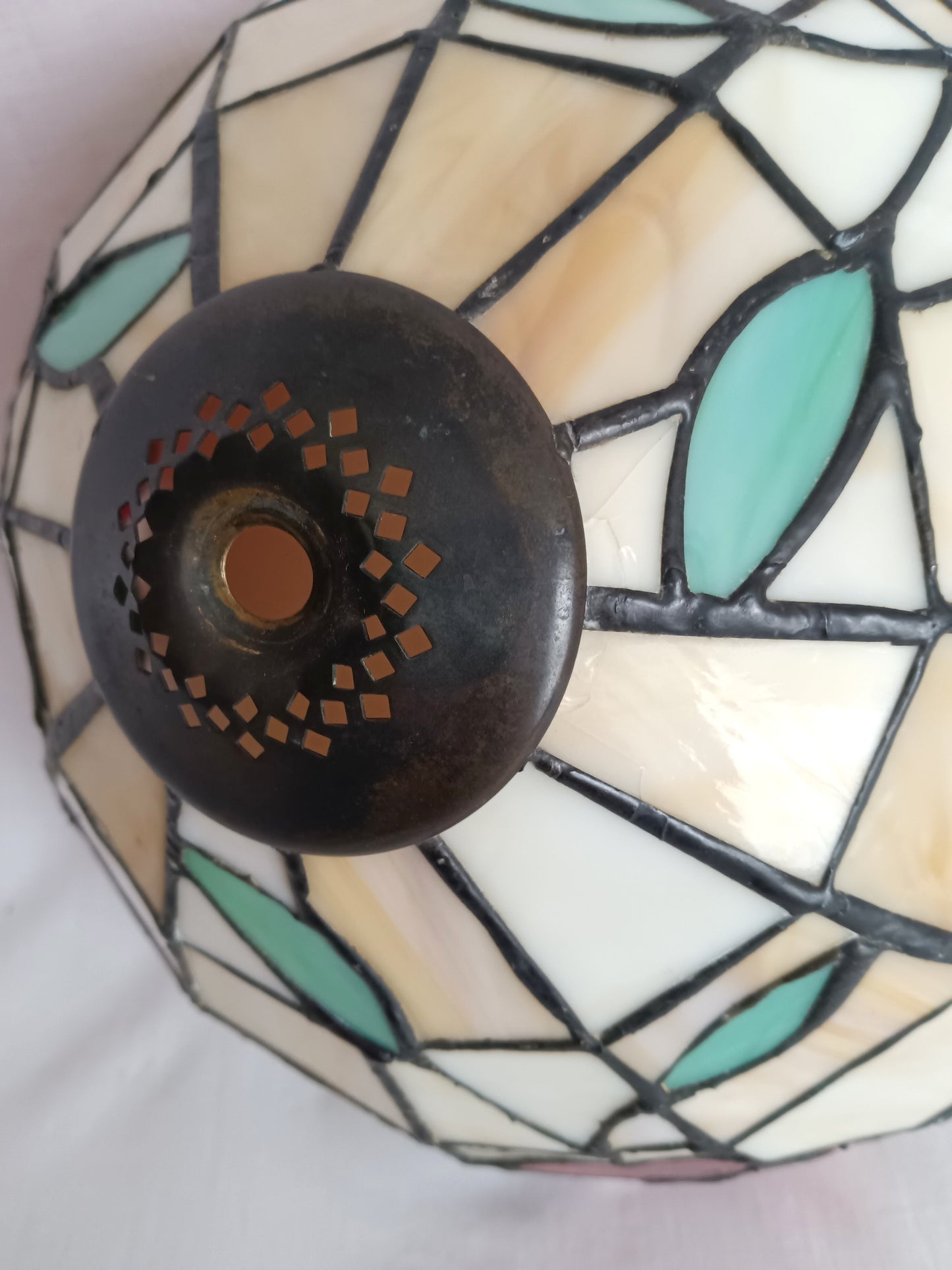 Vintage Handcrafted Tiffany Style Leaded Stained Slag Glass Ivory Red Flower Design Dome Replacement Lampshade Table Lamp Pendant Shade 11.5 "D