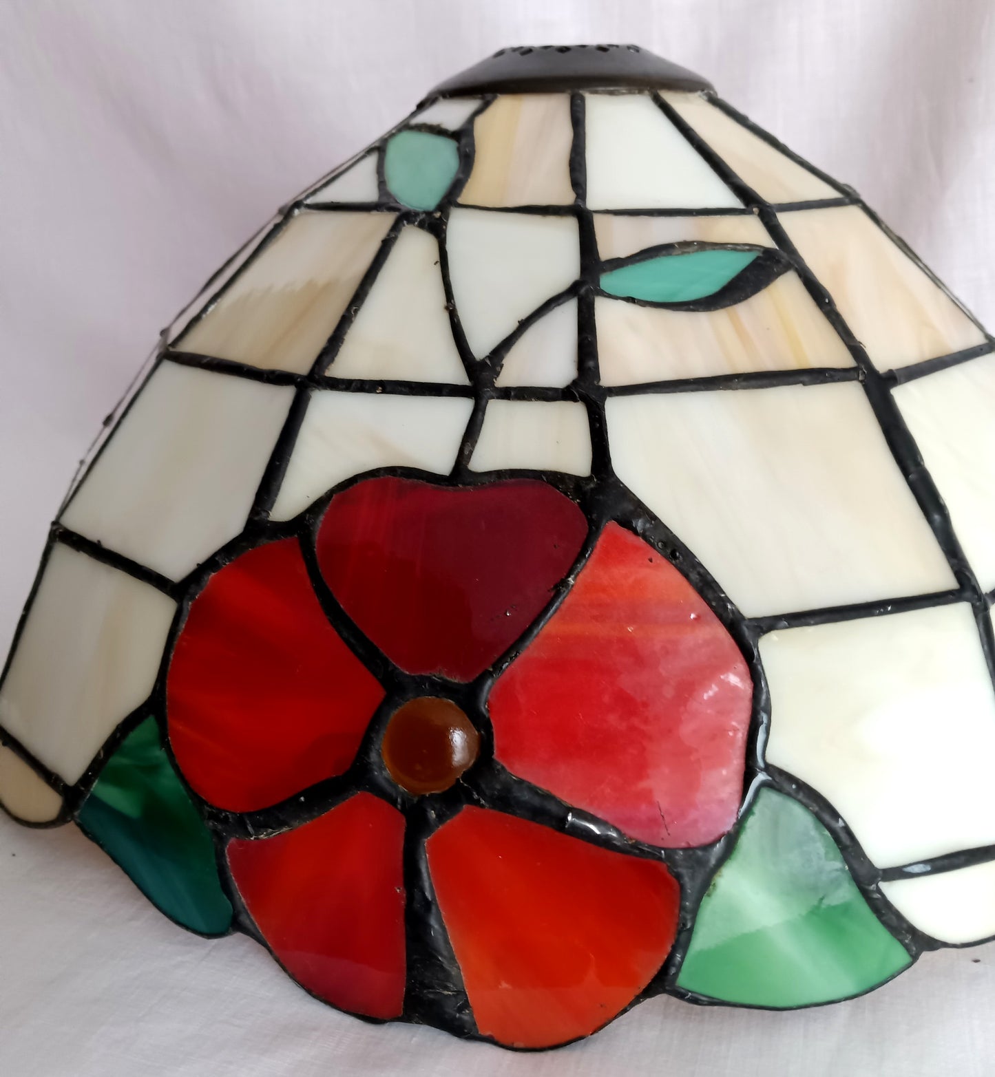 Vintage Handcrafted Tiffany Style Leaded Stained Slag Glass Ivory Red Flower Design Dome Replacement Lampshade Table Lamp Pendant Shade 11.5 "D