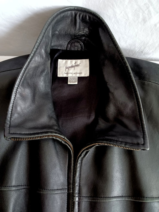 Vintage Black Genuine Soft Lambskin Leather Women's Black Jacket Stand-Collar Belted Zipper Closure 2 Pockets Lining Size XL