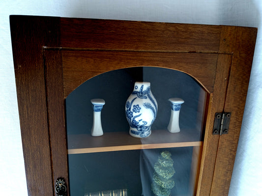 Vintage Oriental Shadow Box Miniatures Blue Willow Design White Porcelain Ceramic Books Juniper Spiral Topiary 3 Tier Wood Box Fake Door w/Glass