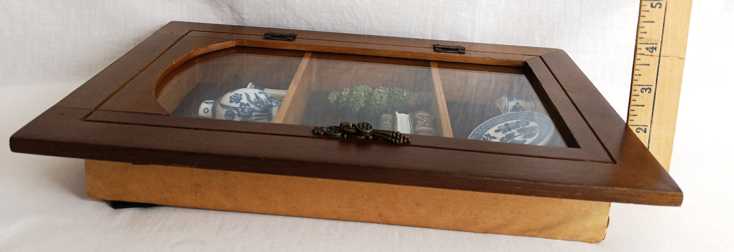 Vintage Oriental Shadow Box Miniatures Blue Willow Design White Porcelain Ceramic Books Juniper Spiral Topiary 3 Tier Wood Box Fake Door w/Glass