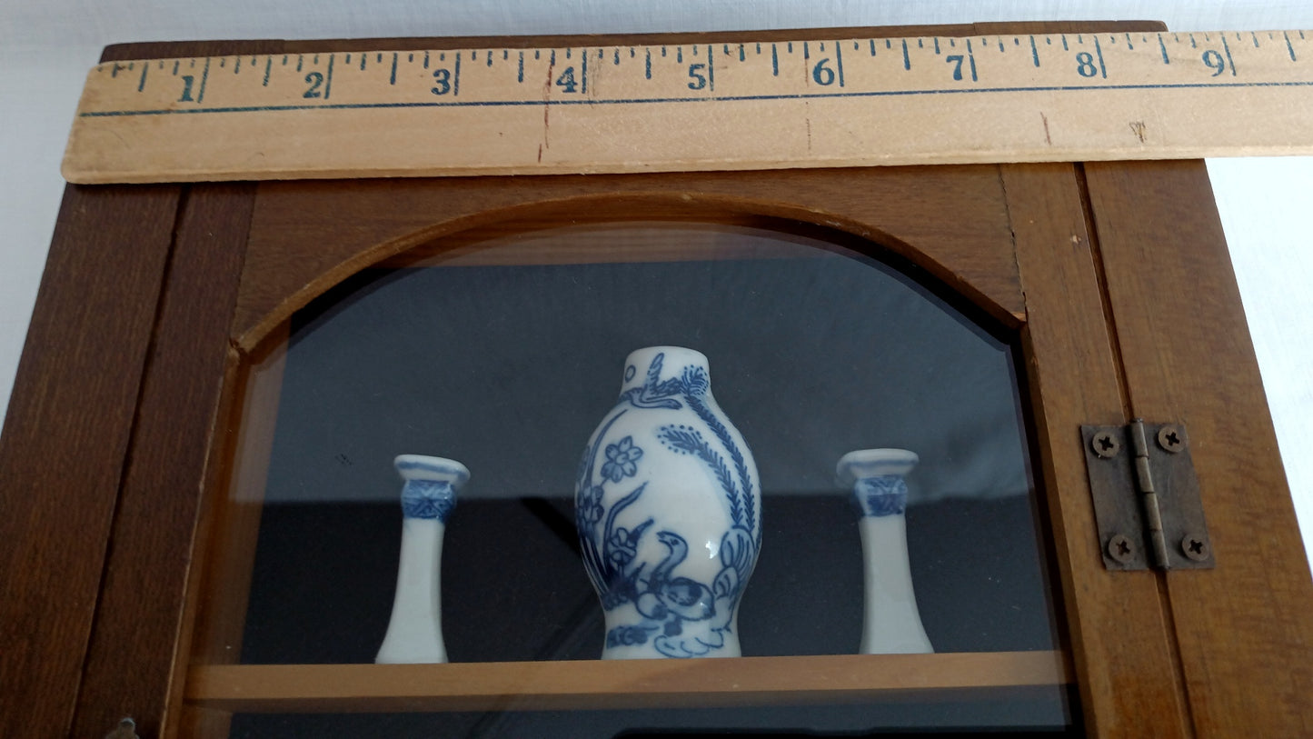 Vintage Oriental Shadow Box Miniatures Blue Willow Design White Porcelain Ceramic Books Juniper Spiral Topiary 3 Tier Wood Box Fake Door w/Glass