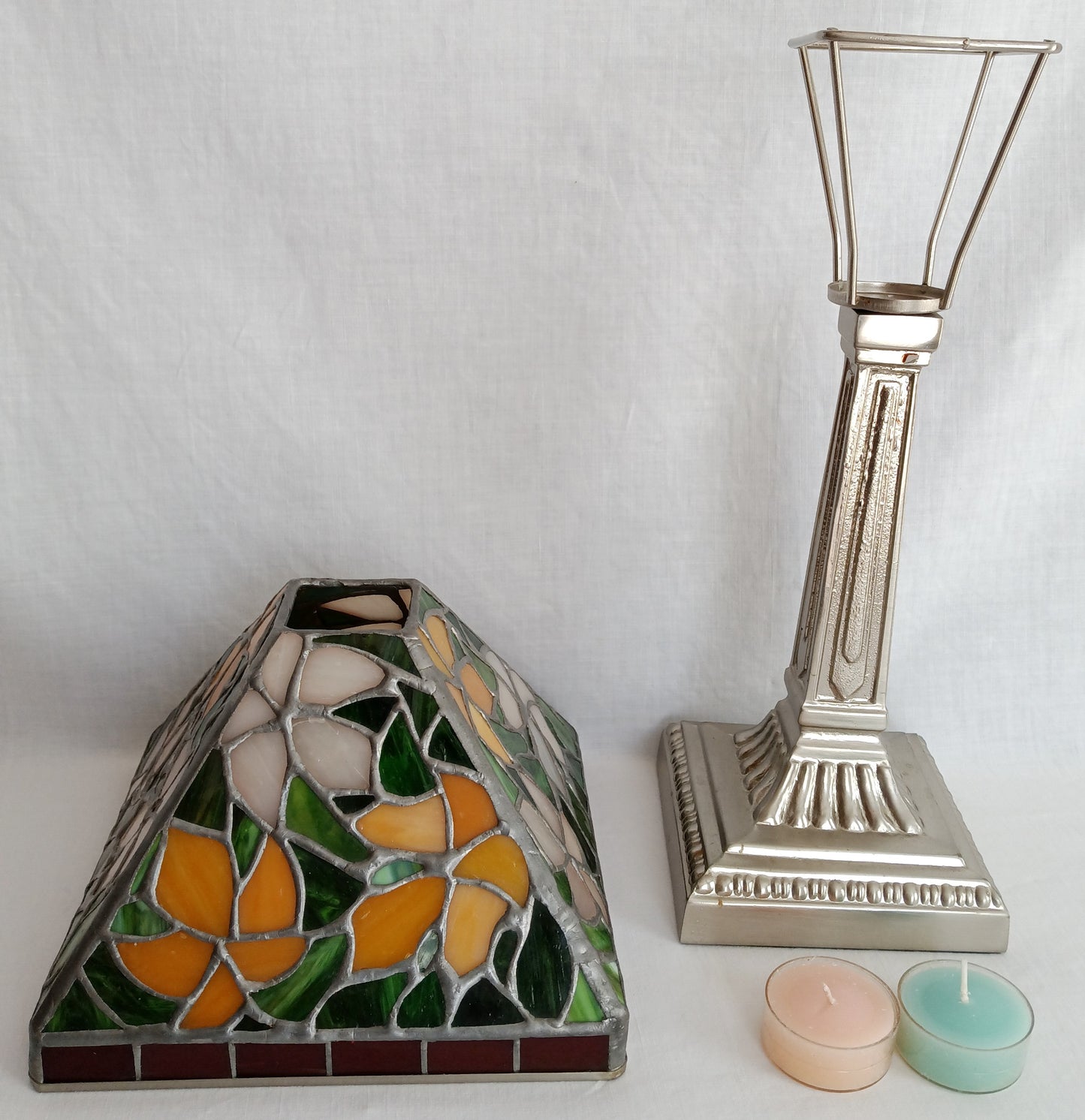 Vintage Tea Light Candle Holder Silver Metal Column Tiffany Style Floral Orange Green White Red Style-Stained Shade-NOS