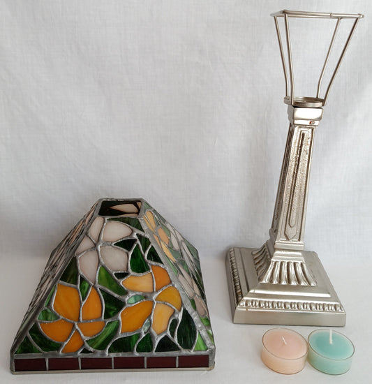 Vintage Tea Light Candle Holder Silver Metal Column Tiffany Style Floral Orange Green White Red Style-Stained Shade-NOS