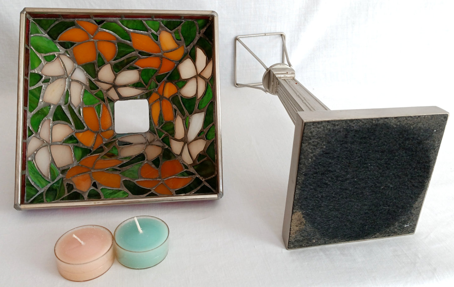 Vintage Tea Light Candle Holder Silver Metal Column Tiffany Style Floral Orange Green White Red Style-Stained Shade-NOS