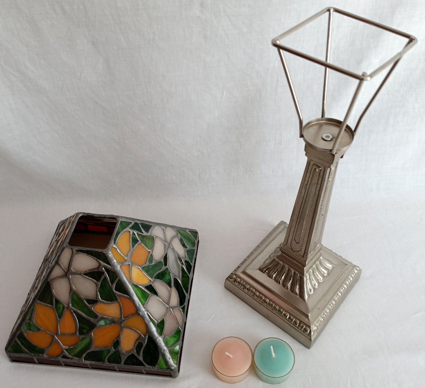 Vintage Tea Light Candle Holder Silver Metal Column Tiffany Style Floral Orange Green White Red Style-Stained Shade-NOS