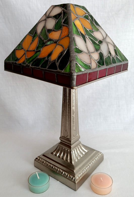 Vintage Tea Light Candle Holder Silver Metal Column Tiffany Style Floral Orange Green White Red Style-Stained Shade-NOS