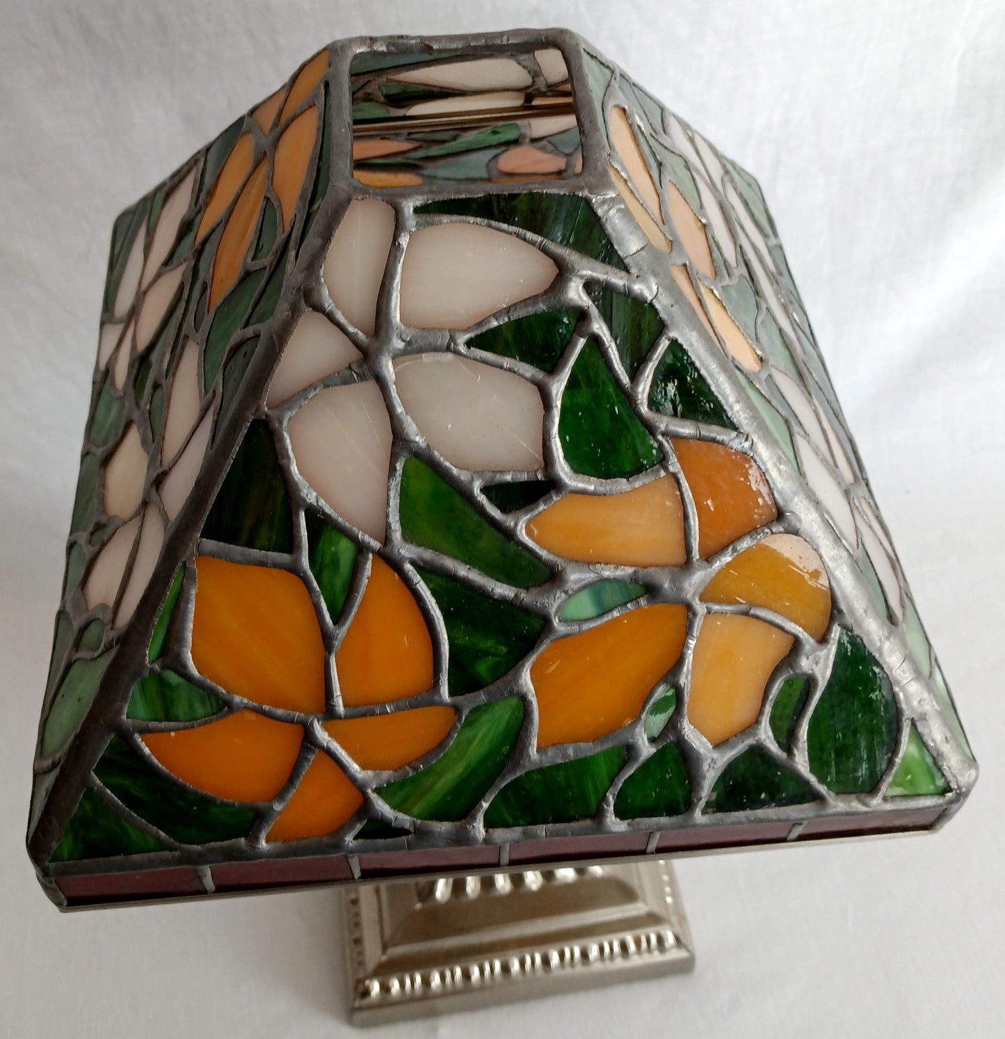 Vintage Tea Light Candle Holder Silver Metal Column Tiffany Style Floral Orange Green White Red Style-Stained Shade-NOS