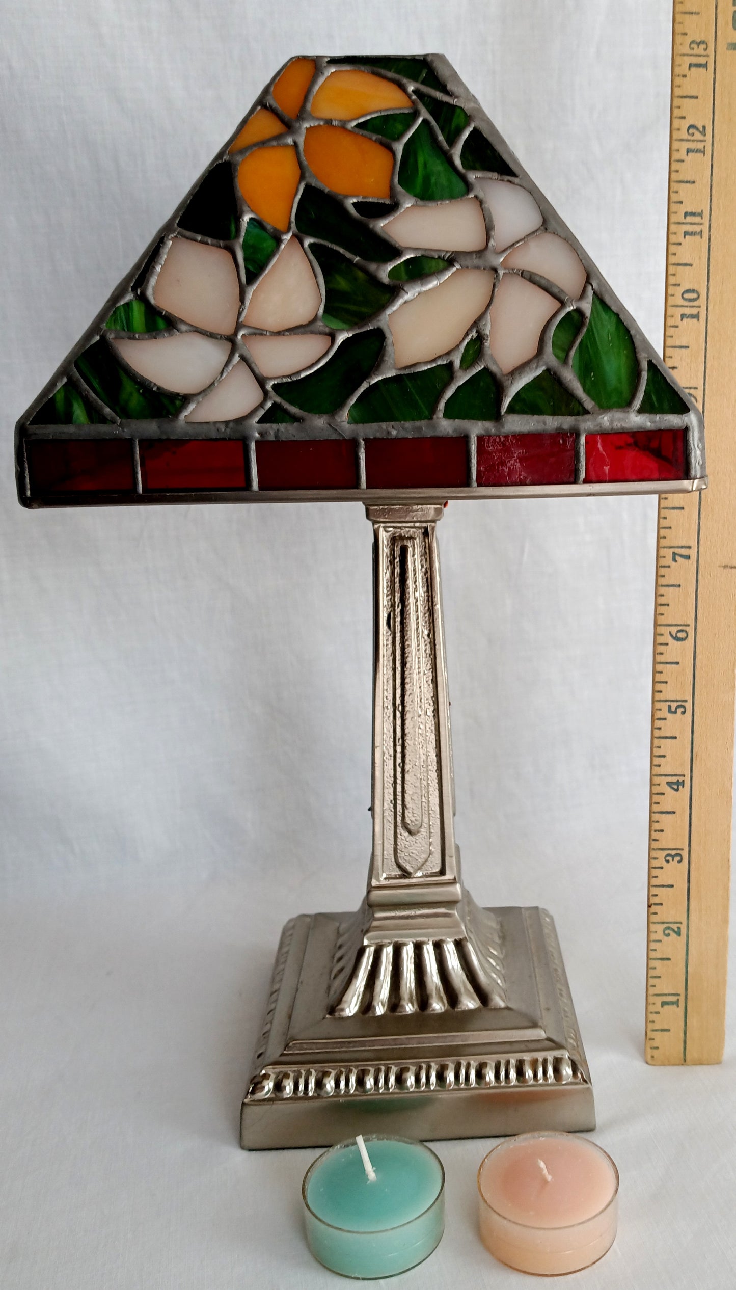 Vintage Tea Light Candle Holder Silver Metal Column Tiffany Style Floral Orange Green White Red Style-Stained Shade-NOS