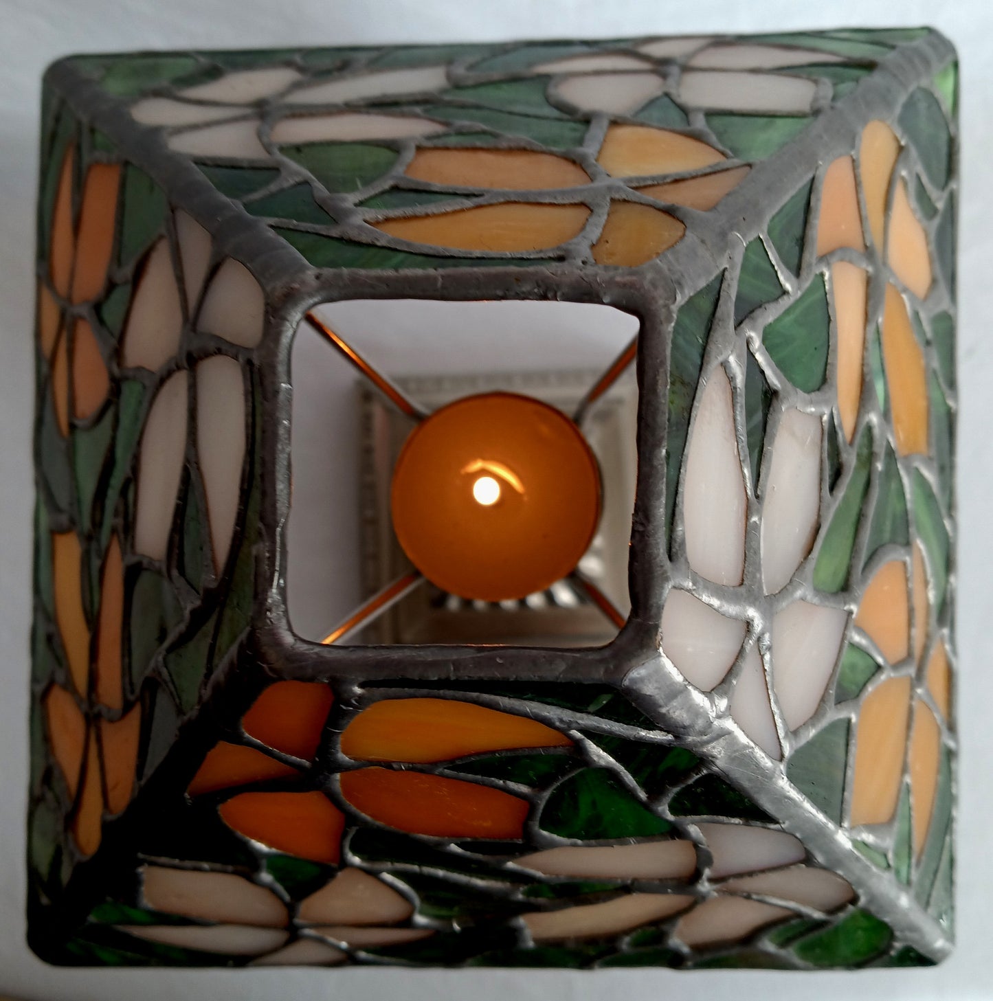 Vintage Tea Light Candle Holder Silver Metal Column Tiffany Style Floral Orange Green White Red Style-Stained Shade-NOS