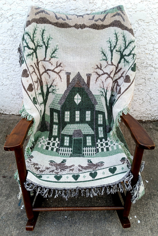 Vintage Woven Cotton Reversible Throw Blanket Chair Sofa Wall Tapestry w/Fringes House Chickens Trees Hearts Rustic Farmhouse Retro Décor