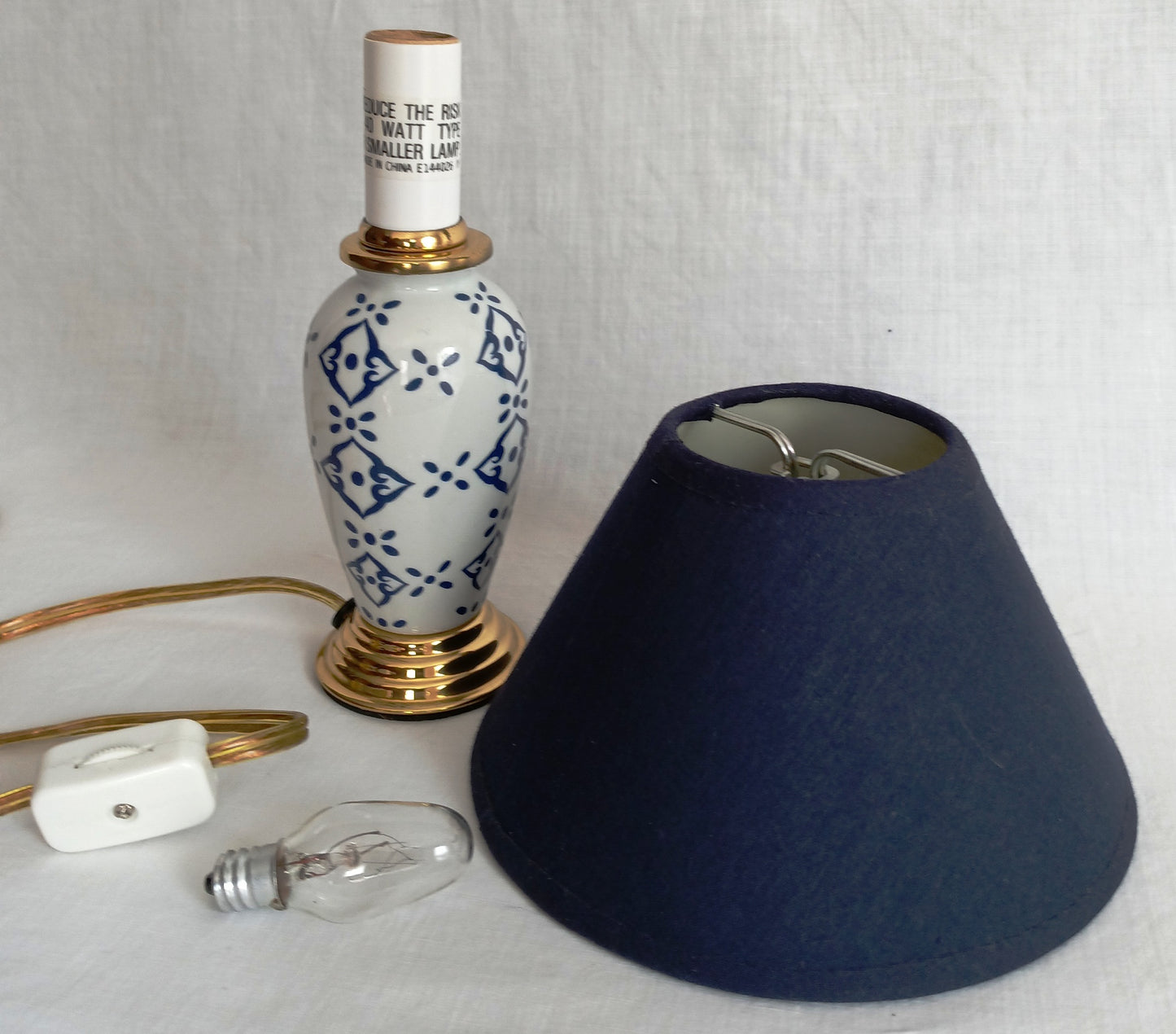 Vintage Small Ceramic Lamp Blue and White Glaze Finish Navy Blue Fabric Lampshade Nightlight In line Switch
