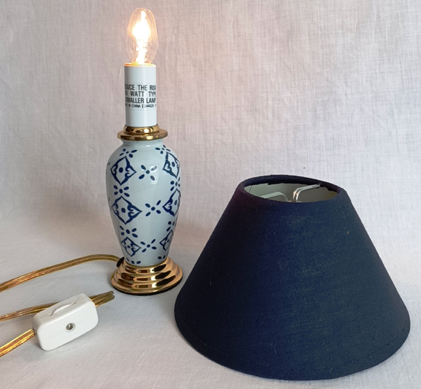 Vintage Small Ceramic Lamp Blue and White Glaze Finish Navy Blue Fabric Lampshade Nightlight In line Switch