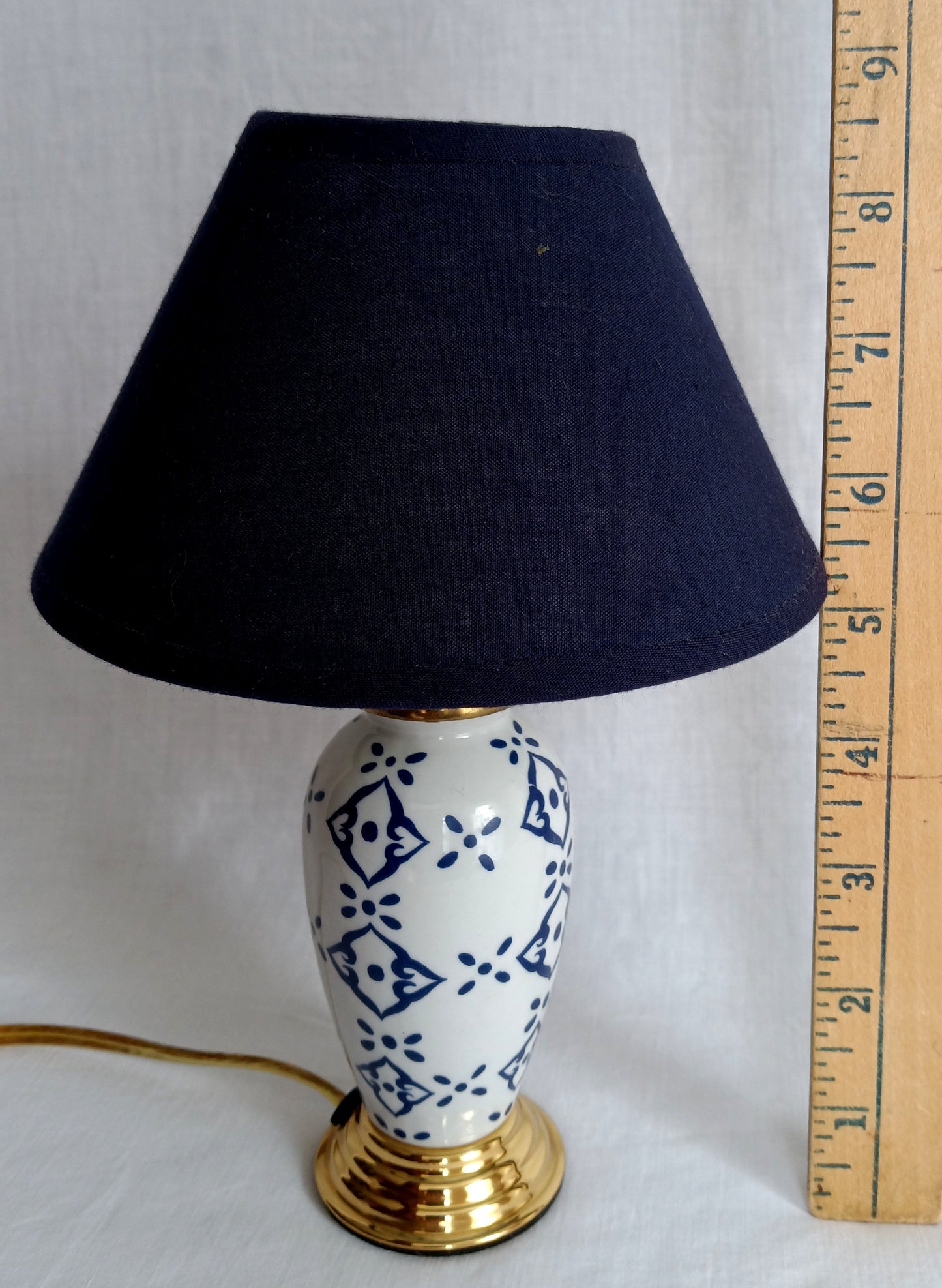 Vintage Small Ceramic Lamp Blue and White Glaze Finish Navy Blue Fabric Lampshade Nightlight In line Switch
