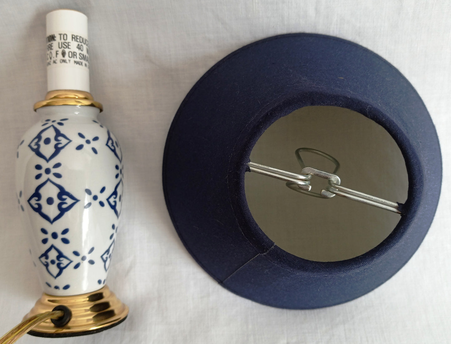 Vintage Small Ceramic Lamp Blue and White Glaze Finish Navy Blue Fabric Lampshade Nightlight In line Switch