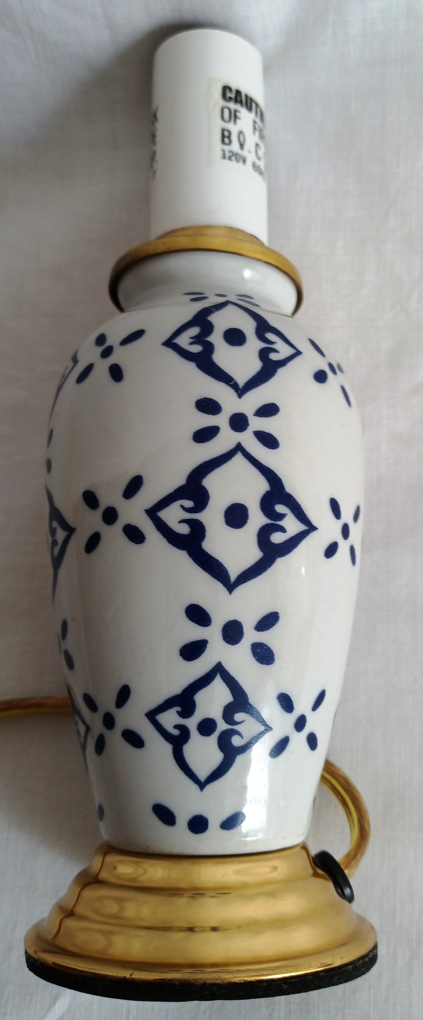 Vintage Small Ceramic Lamp Blue and White Glaze Finish Navy Blue Fabric Lampshade Nightlight In line Switch