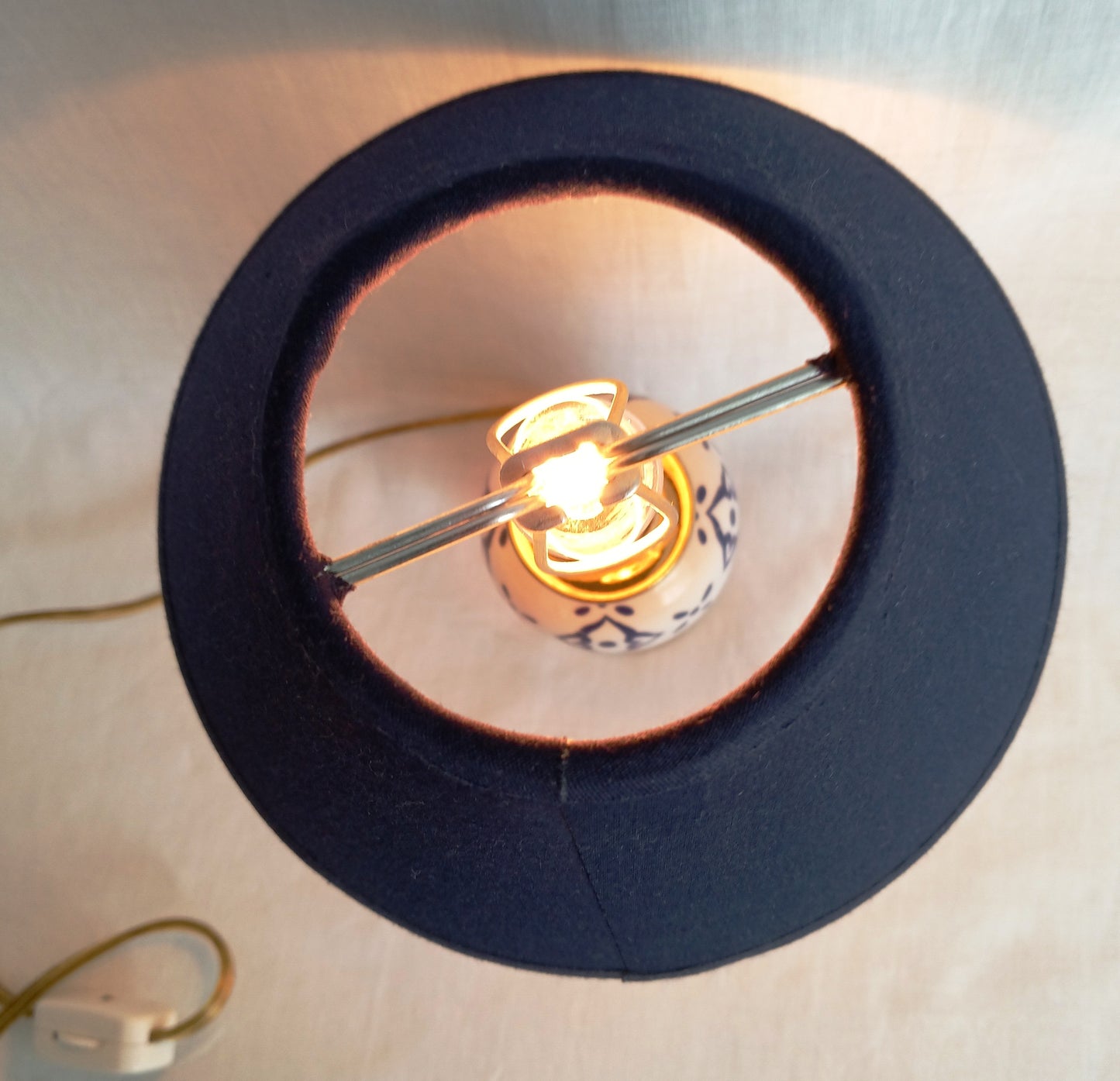 Vintage Small Ceramic Lamp Blue and White Glaze Finish Navy Blue Fabric Lampshade Nightlight In line Switch