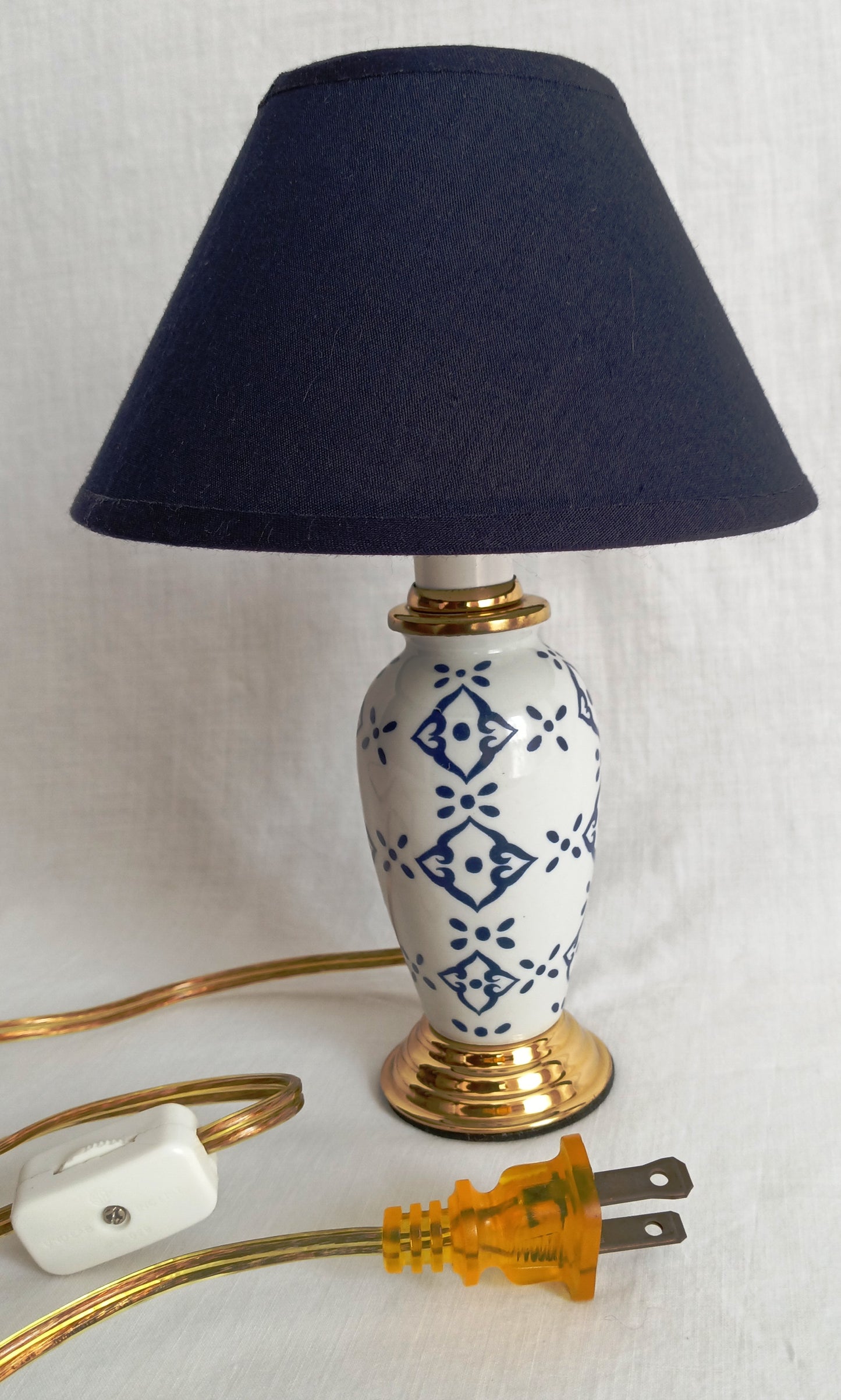 Vintage Small Ceramic Lamp Blue and White Glaze Finish Navy Blue Fabric Lampshade Nightlight In line Switch