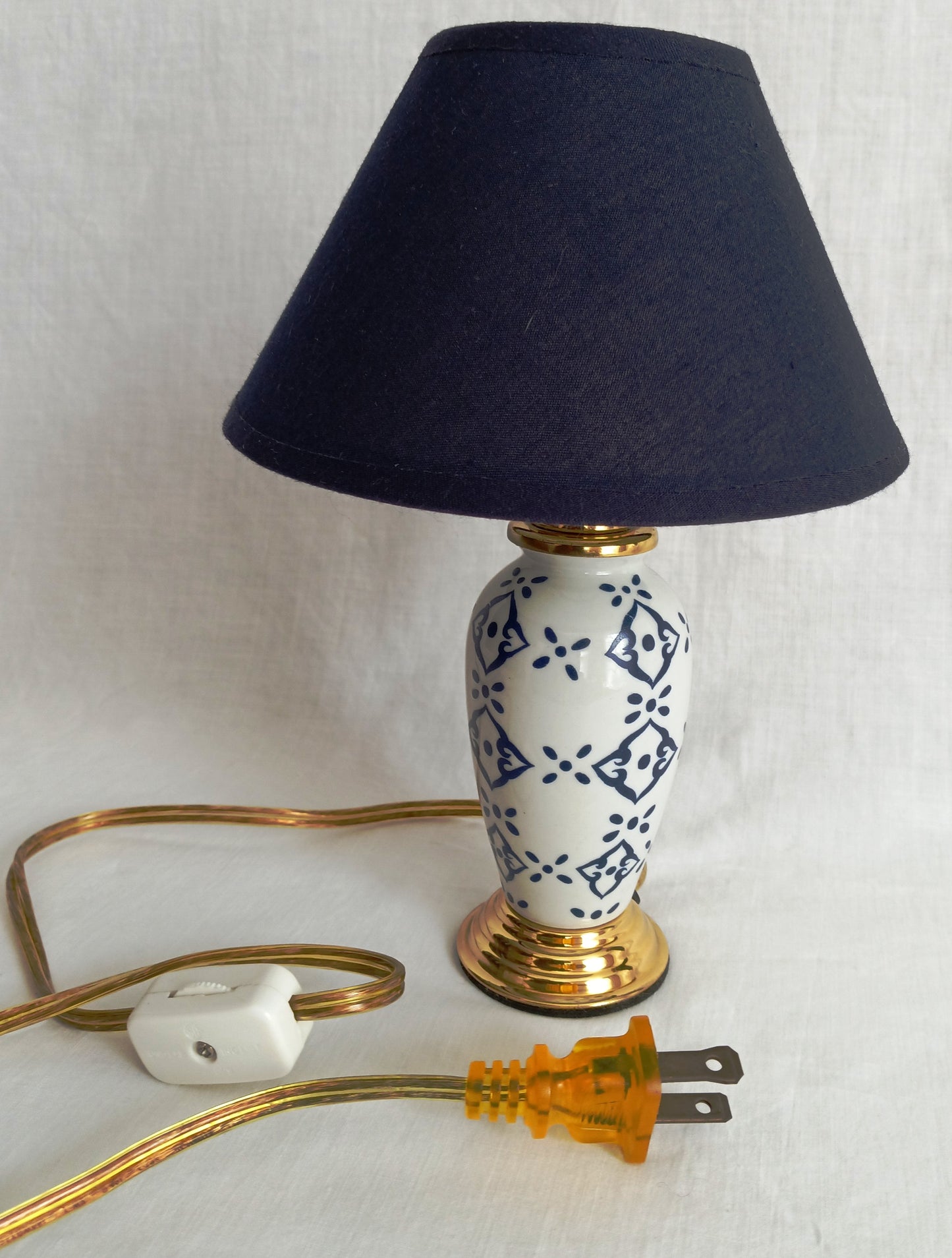 Vintage Small Ceramic Lamp Blue and White Glaze Finish Navy Blue Fabric Lampshade Nightlight In line Switch