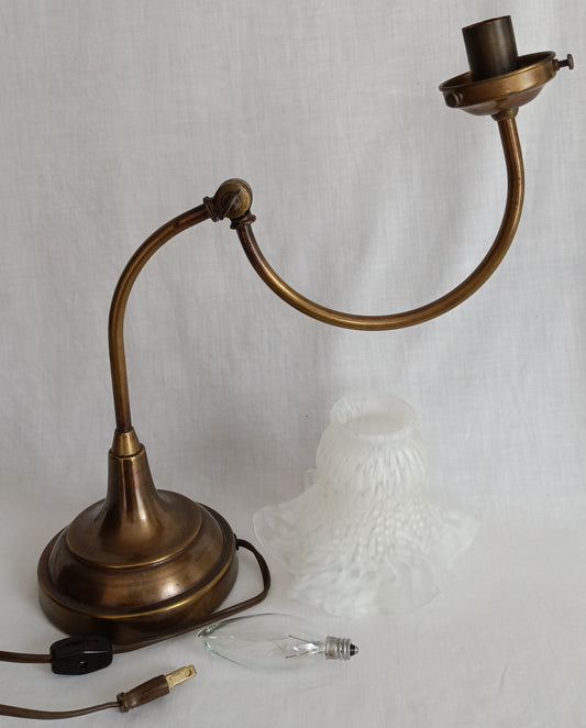 Vintage Solid Brass Table Lamp Gooseneck Height Adjustable Arm Round Heavy Base Ruffled Edge Frosted Glass Shade In Cord Switch Desk Lamp